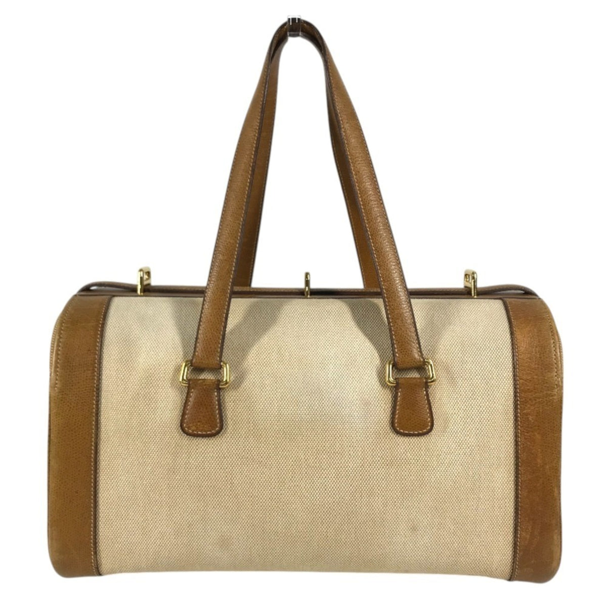Hermes Beige Brown Leather Canvas Boston Bag Shoulder Bag Vanity Bag (Pre-Owned)