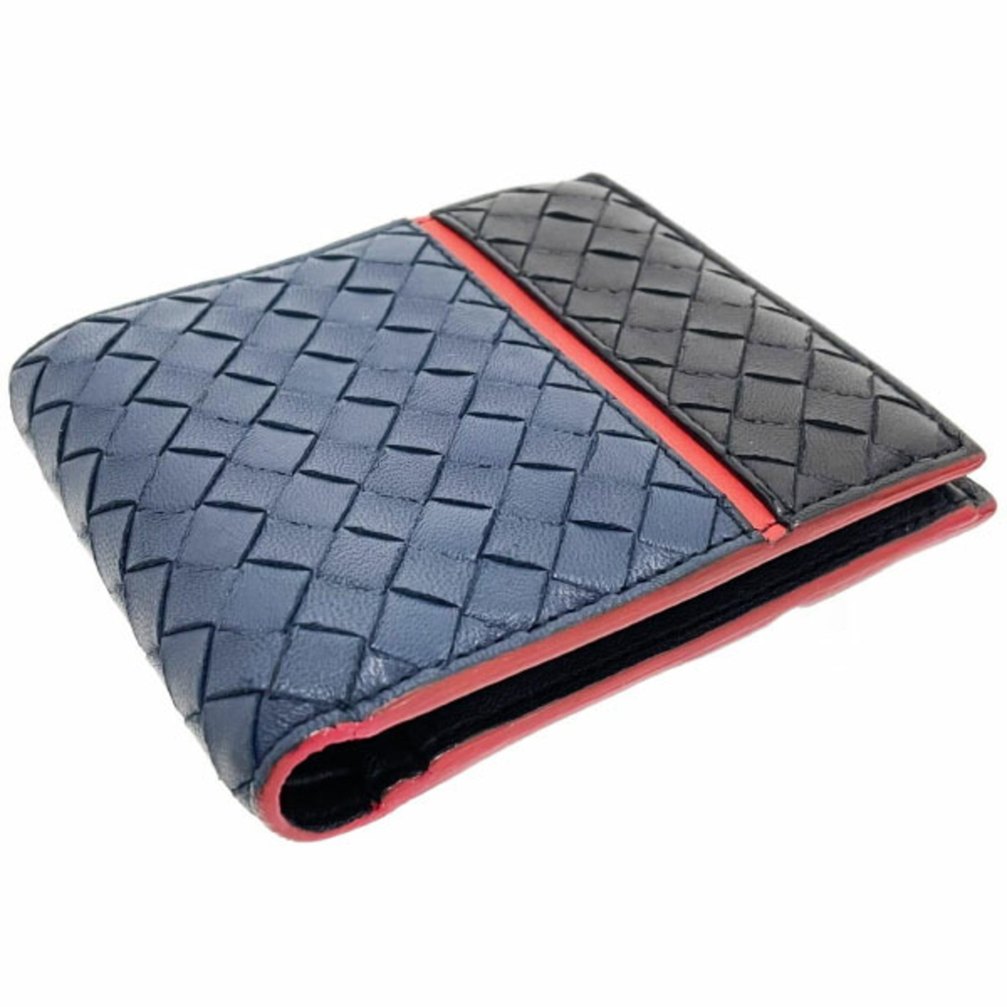 Bottega Veneta Intrecciato Black Navy Red Color Leather Wallet (Bi-Fold) (Pre-Owned)