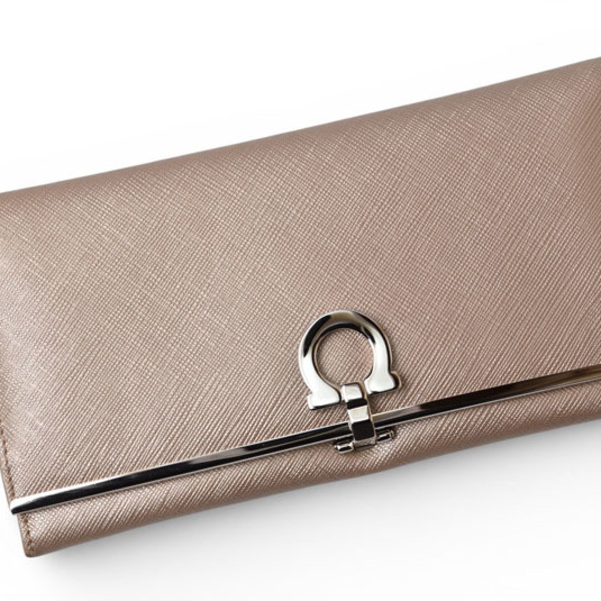 Salvatore Ferragamo Gancini Metallic Beige Leather Long Wallet (Bi-Fold) (Pre-Owned)