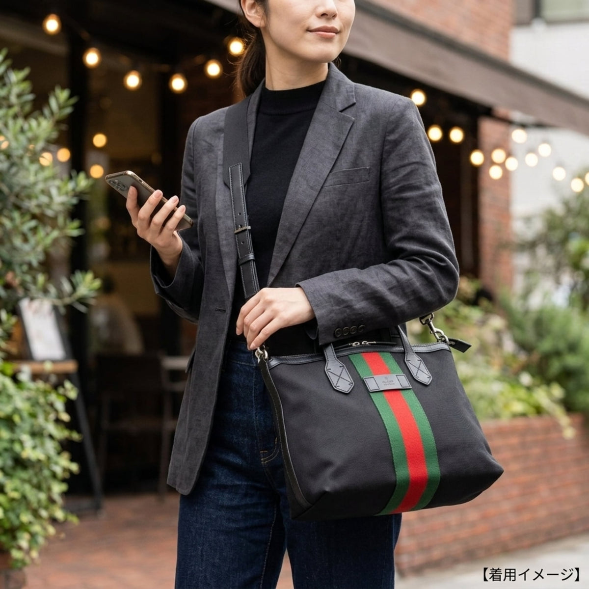 Gucci Sherry Line Black Green Red Color Canvas Handbag Shoulder Bag (Pre-Owned)