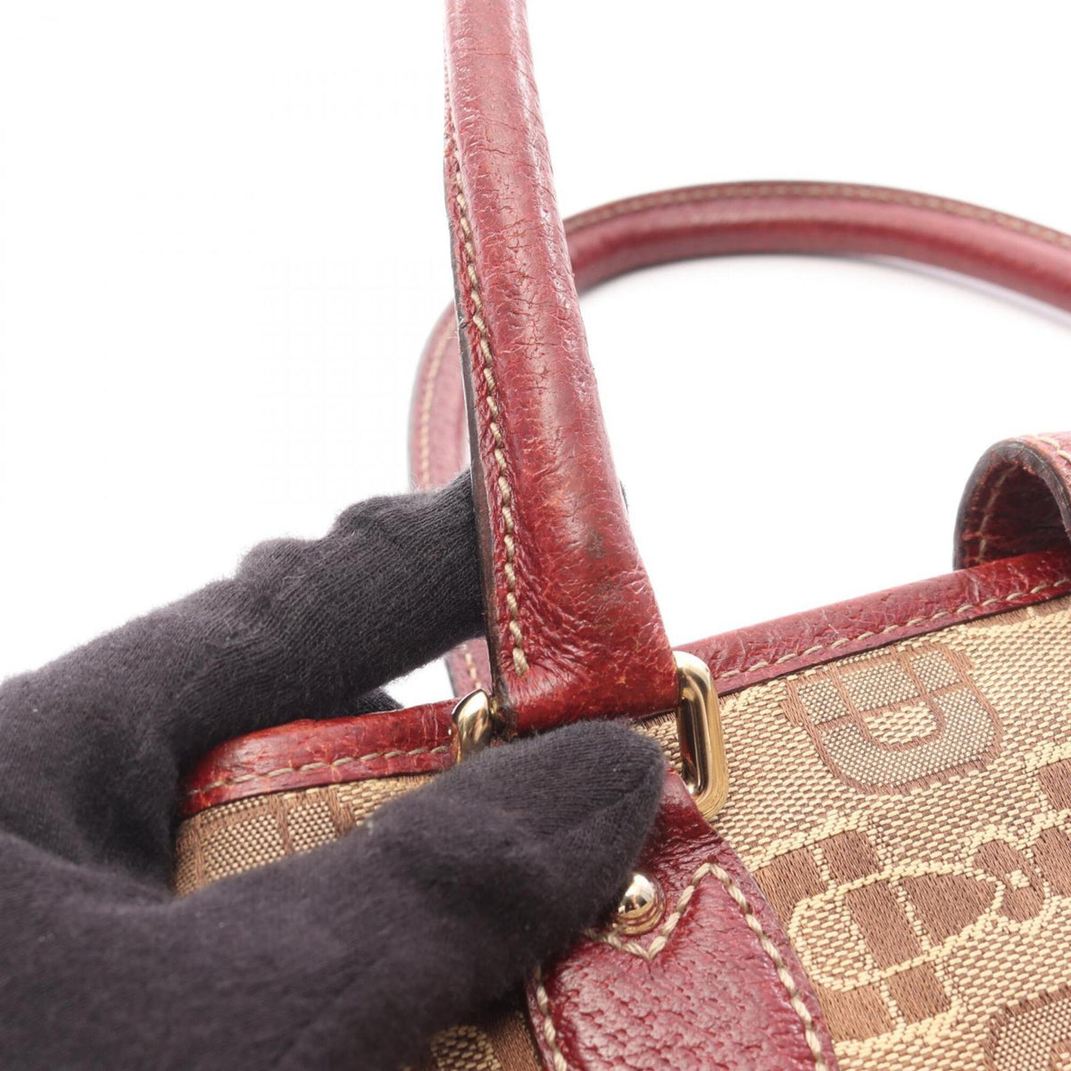 Gucci Beige Bordeaux Canvas Leather Handbag (Pre-Owned)