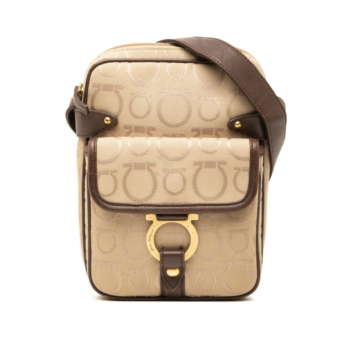 Salvatore Ferragamo Gancini Beige Canvas Leather Shoulder Bag (Pre-Owned)