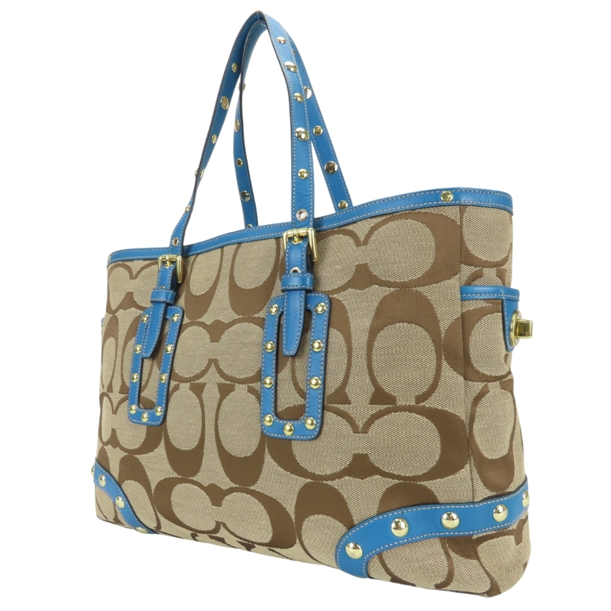 Coach Signature Blue Brown Canvas Leather Tote Bag (Pre-Owned)