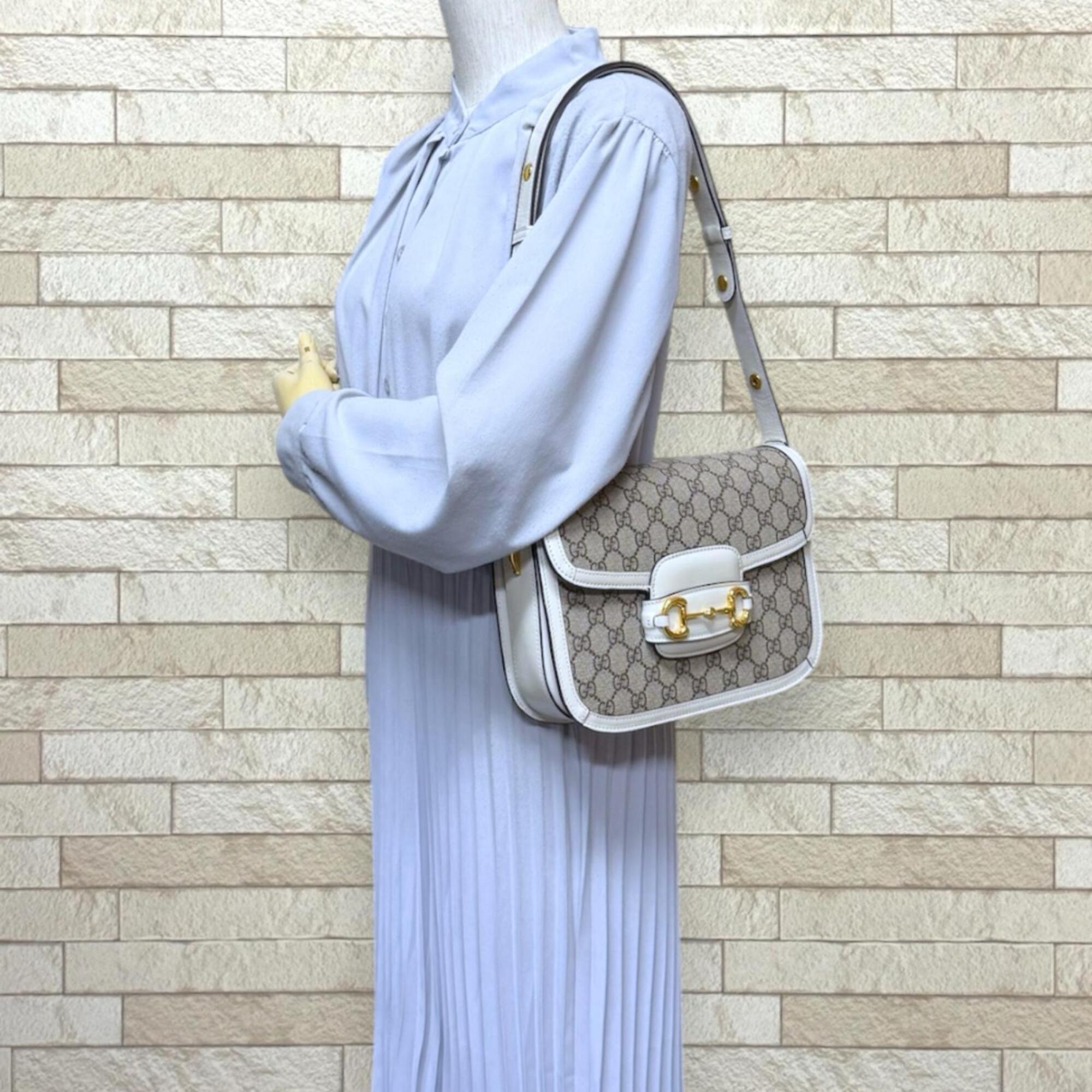 Gucci Horsebit Beige White Gg Supreme Canvas Leather Shoulder Bag (Pre-Owned)
