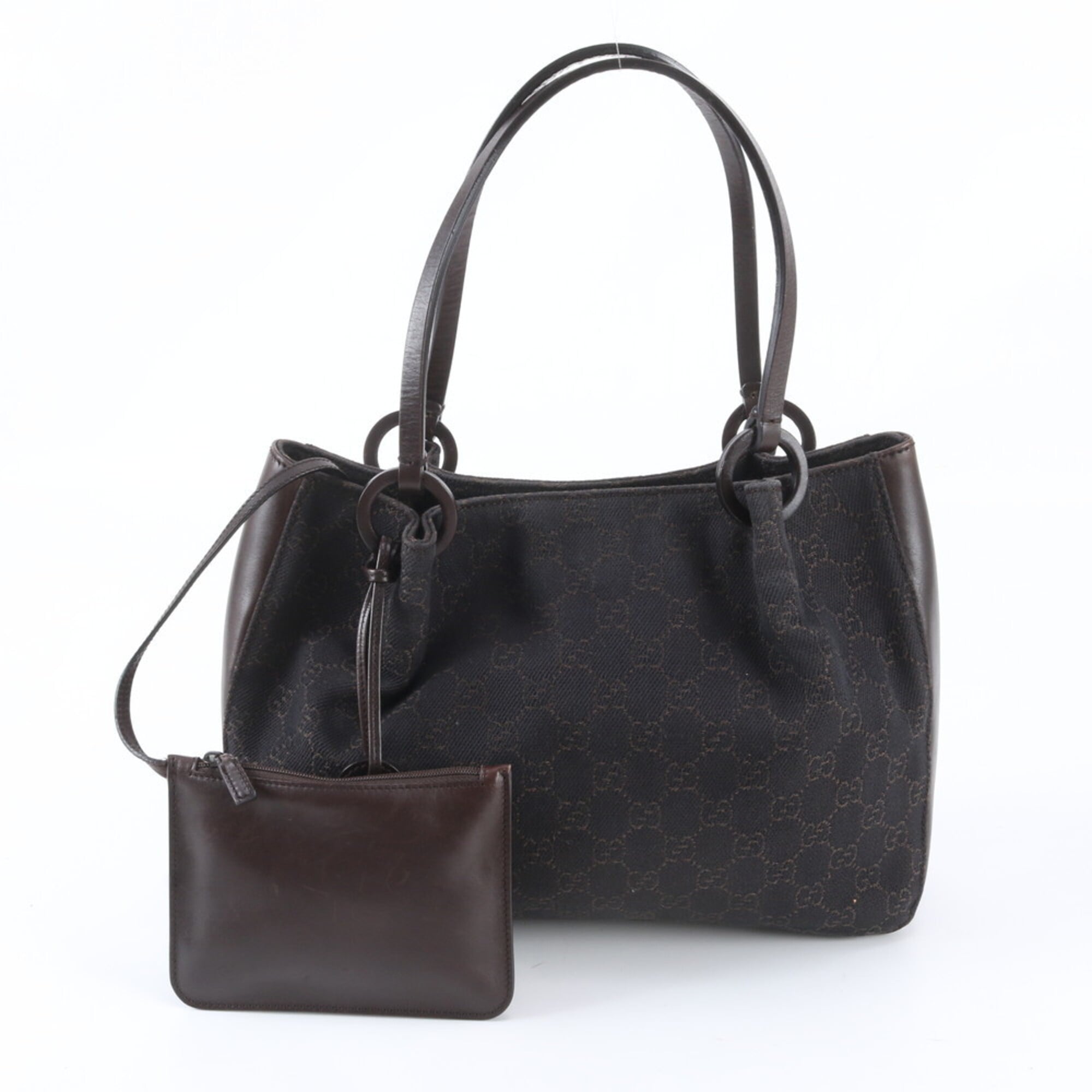 Gucci Brown Leather Canvas Handbag Pouch Tote Bag (Pre-Owned)