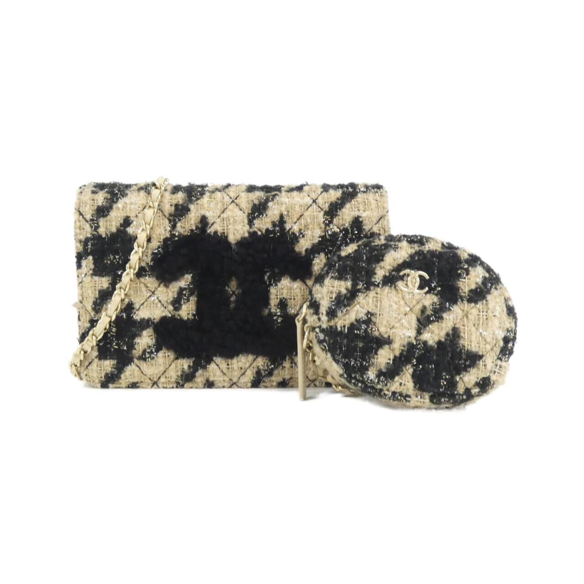 Chanel Gold Beige Black Tweed Chain/Shoulder Wallet (Pre-Owned)