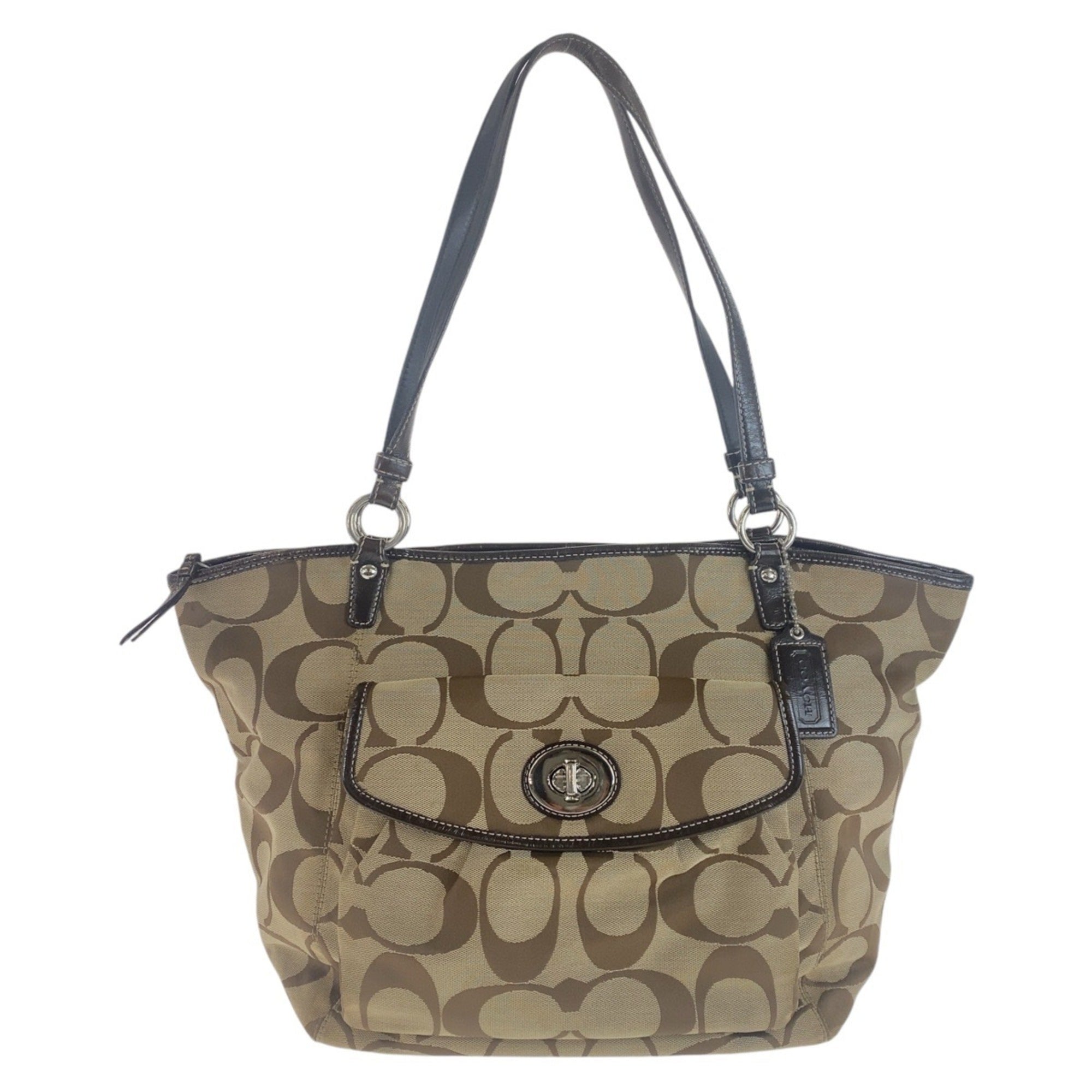 Coach Beige Brown Canvas Leather Shoulder Bag Tote Bag (Pre-Owned)