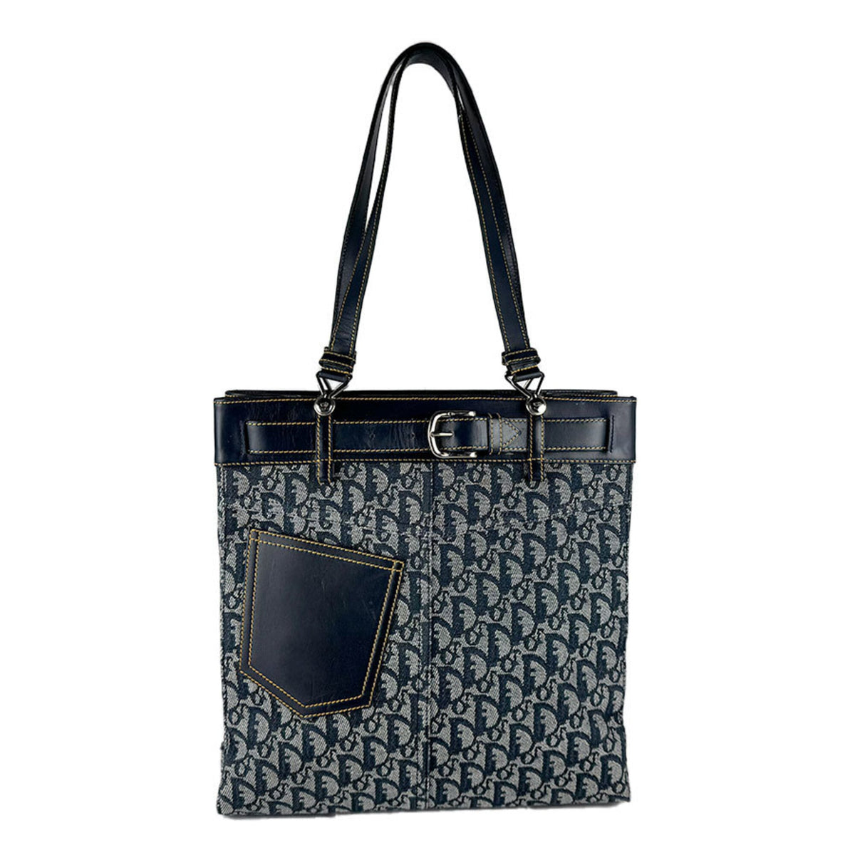 Christian Dior Navy Canvas Leather Shoulder Bag Tote Bag (Pre-Owned)
