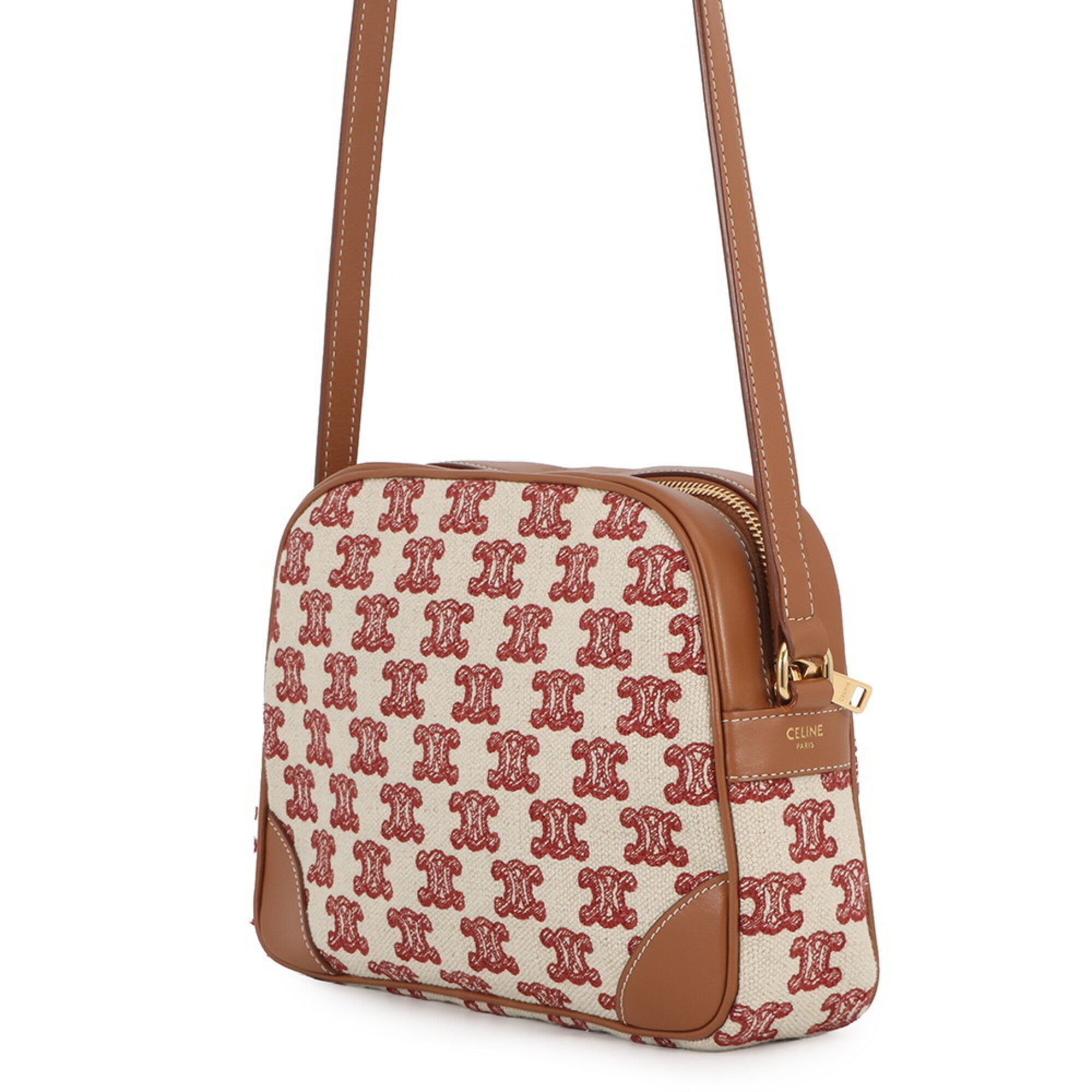 Celine Brown Red Color White Canvas Leather Handbag Shoulder Bag (Pre-Owned)