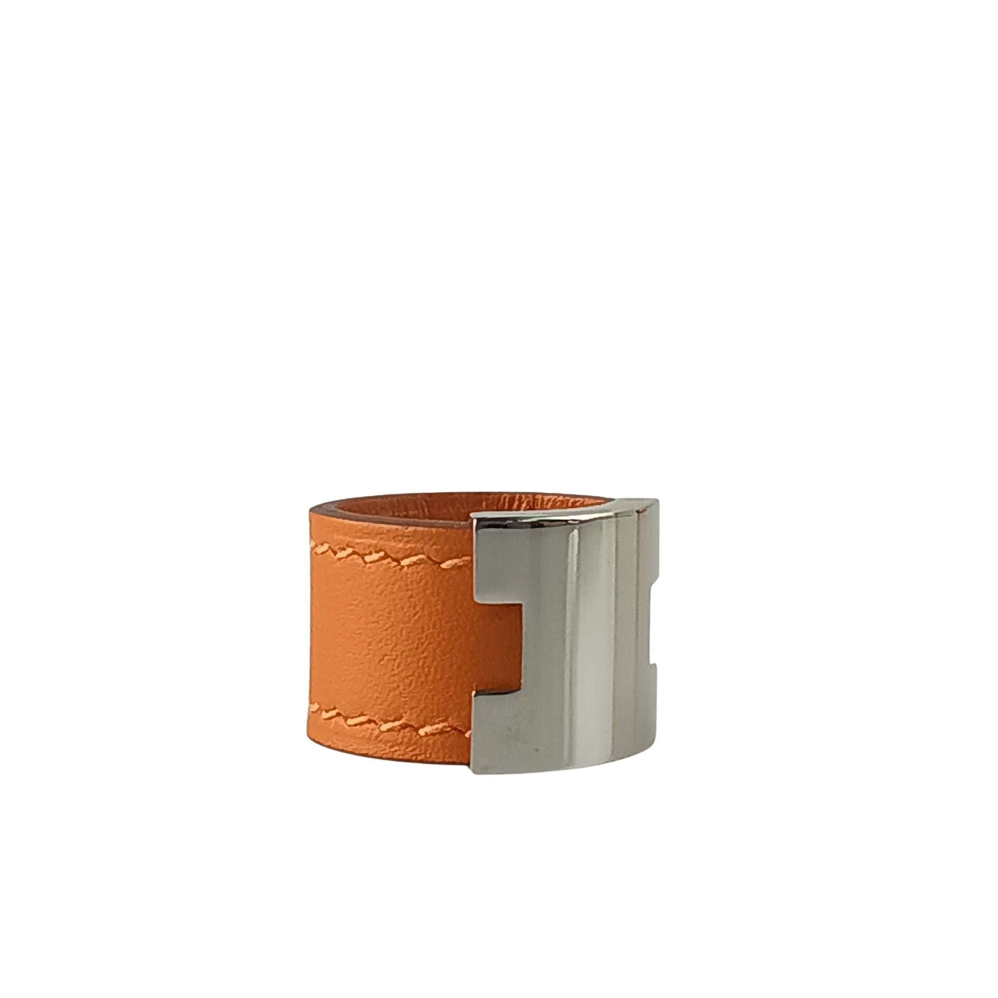 Hermes Lurie Silver Orange Metal Swift Leather Band Ring (Pre-Owned)