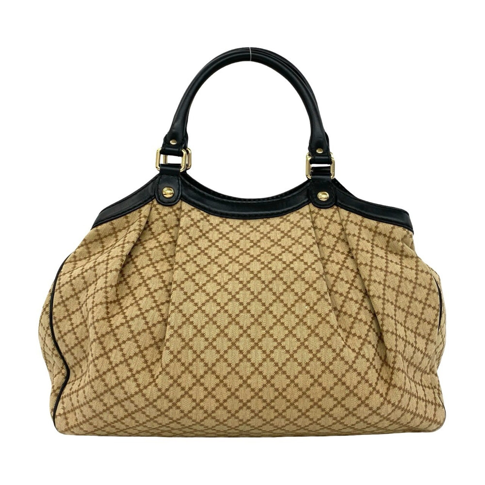 Gucci Beige Black Canvas Leather Handbag Tote Bag (Pre-Owned)