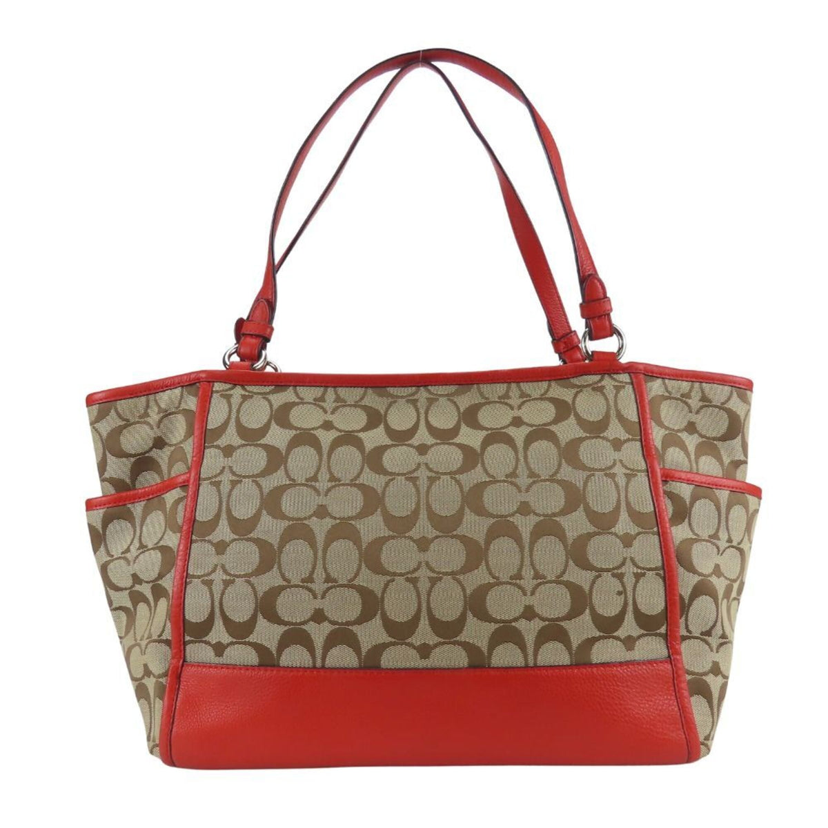 Coach Beige Red Color Canvas Leather Tote Bag (Pre-Owned)