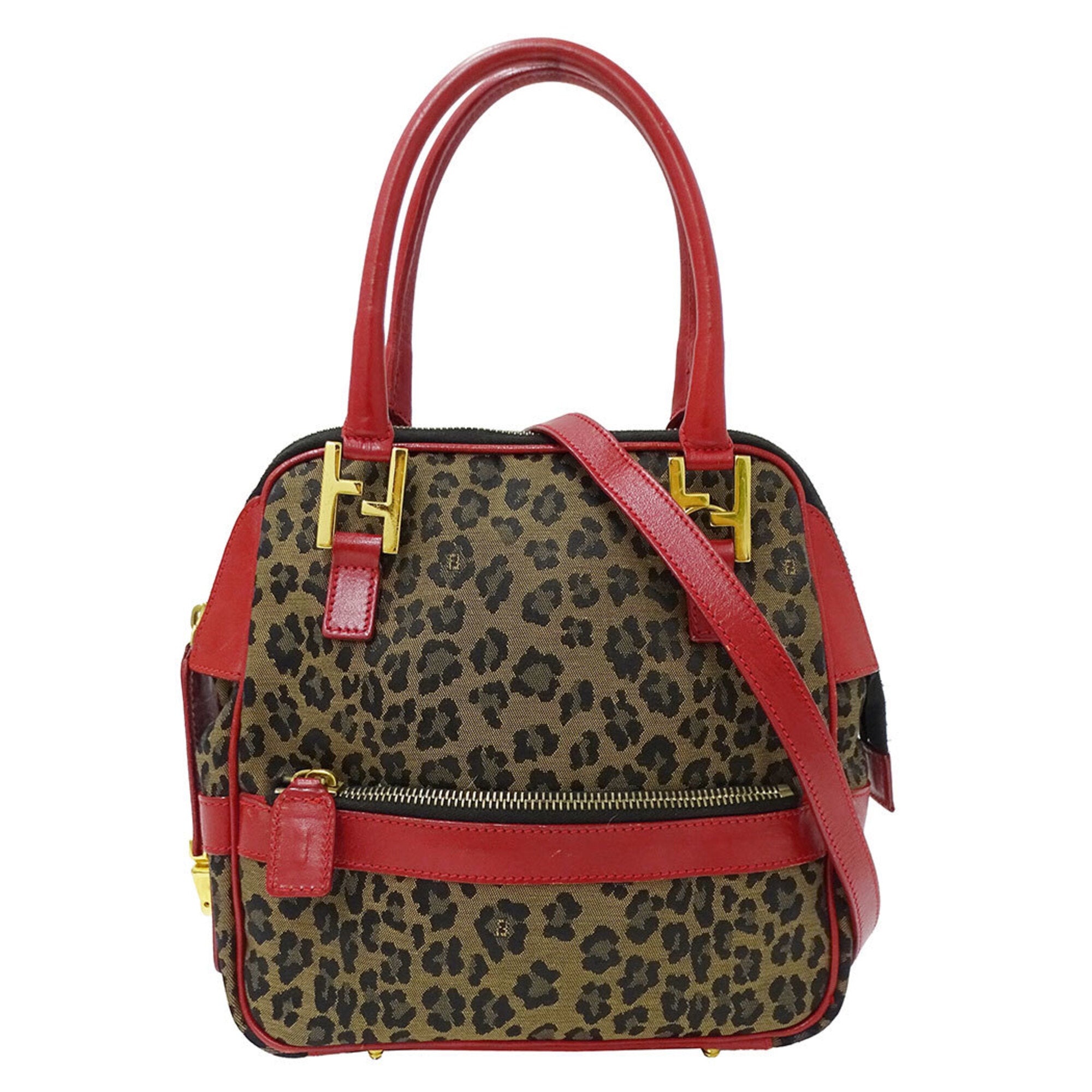 Fendi Red Brown Canvas Leather Handbag Shoulder Bag (Pre-Owned)