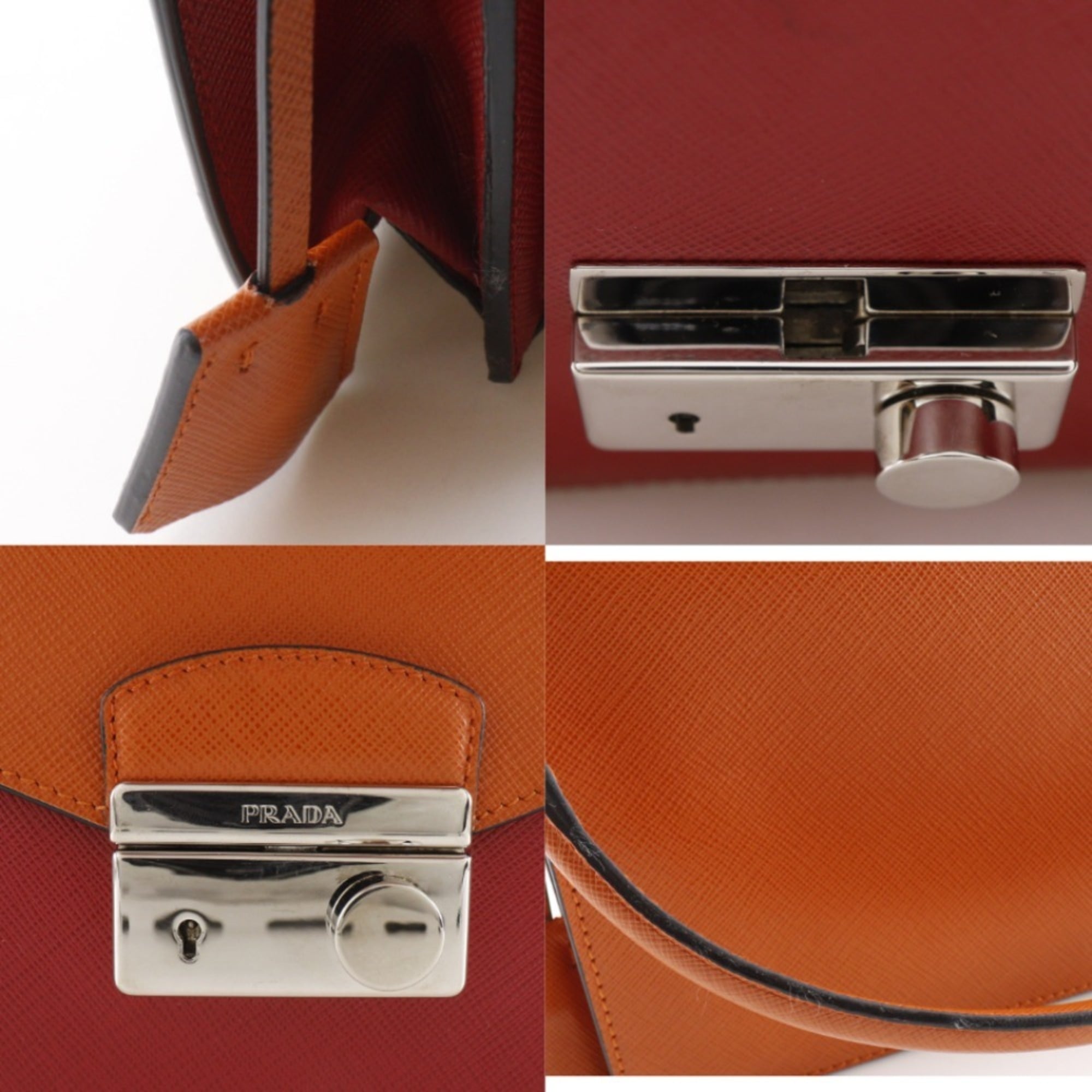 Prada Saffiano Orange Red Color Saffiano Clutch Bag Shoulder Bag (Pre-Owned)