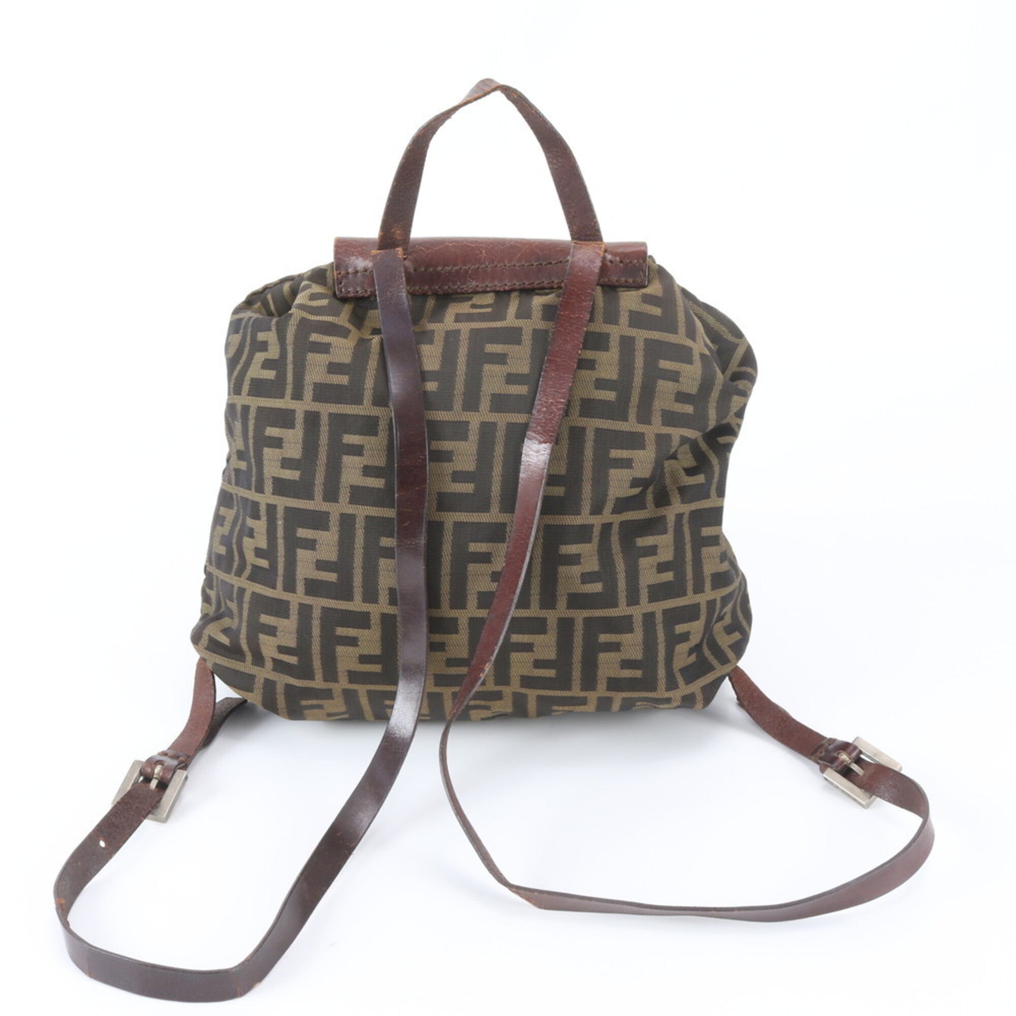 Fendi Brown Leather Canvas Backpack Handbag (Pre-Owned)