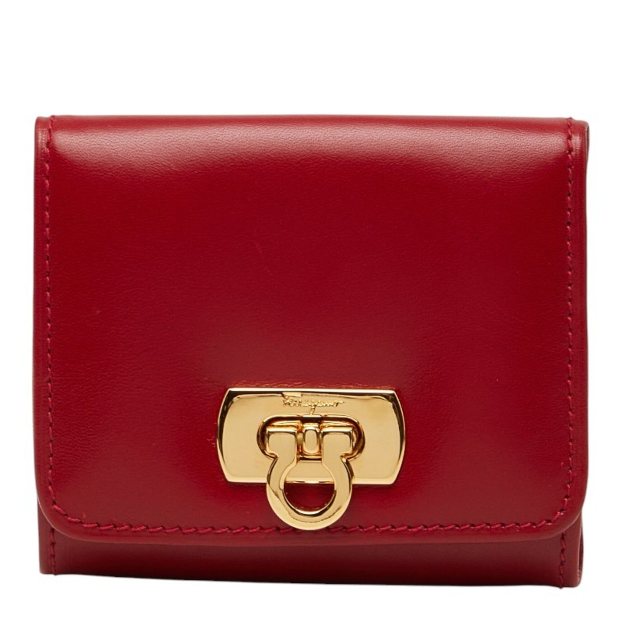 Salvatore Ferragamo Gold Red Color Leather Coin Purse/Coin Case (Pre-Owned)