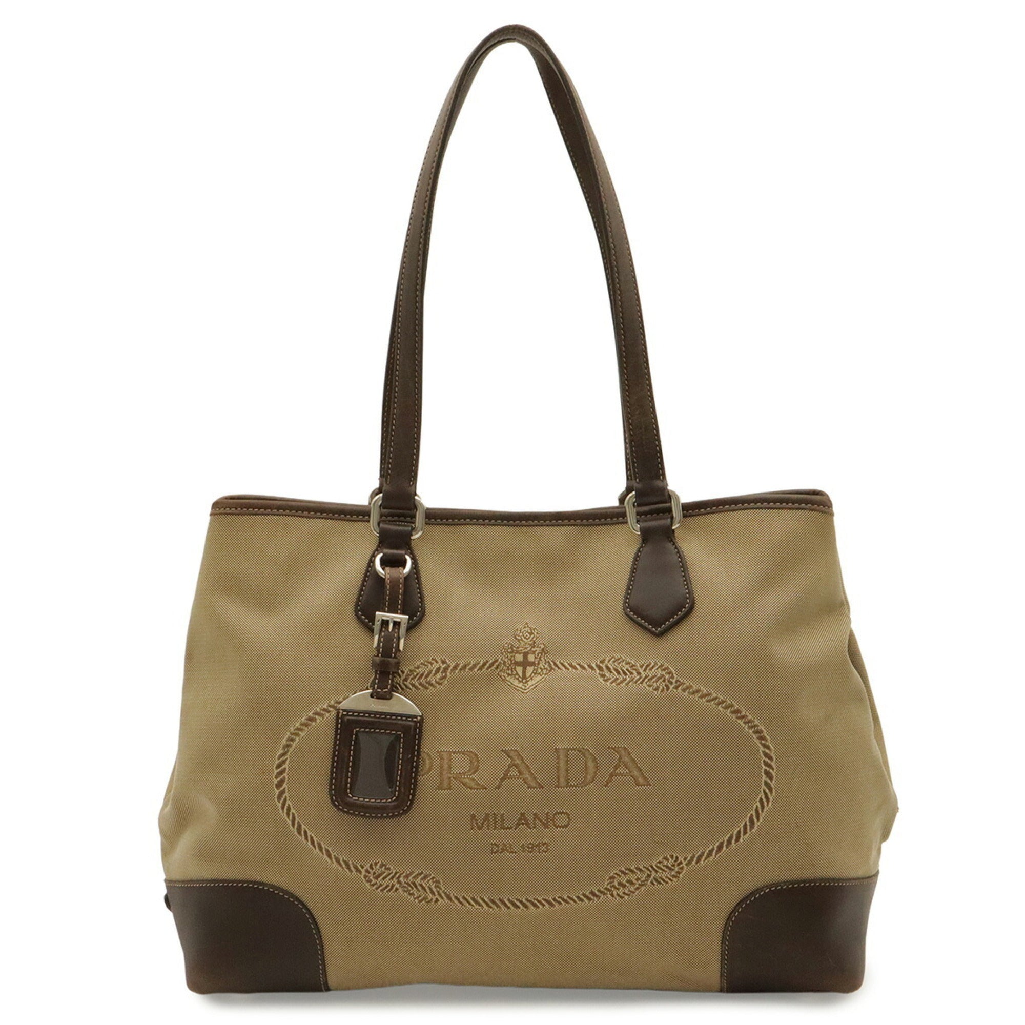 Prada Beige Dark Brown Khaki Canvas Leather Shoulder Bag Tote Bag (Pre-Owned)