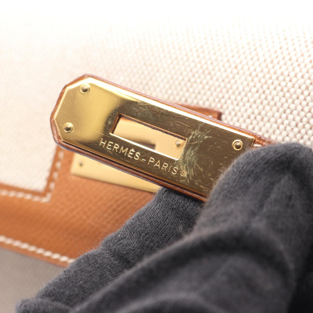 Hermes Beige Brown Canvas Leather Handbag (Pre-Owned)