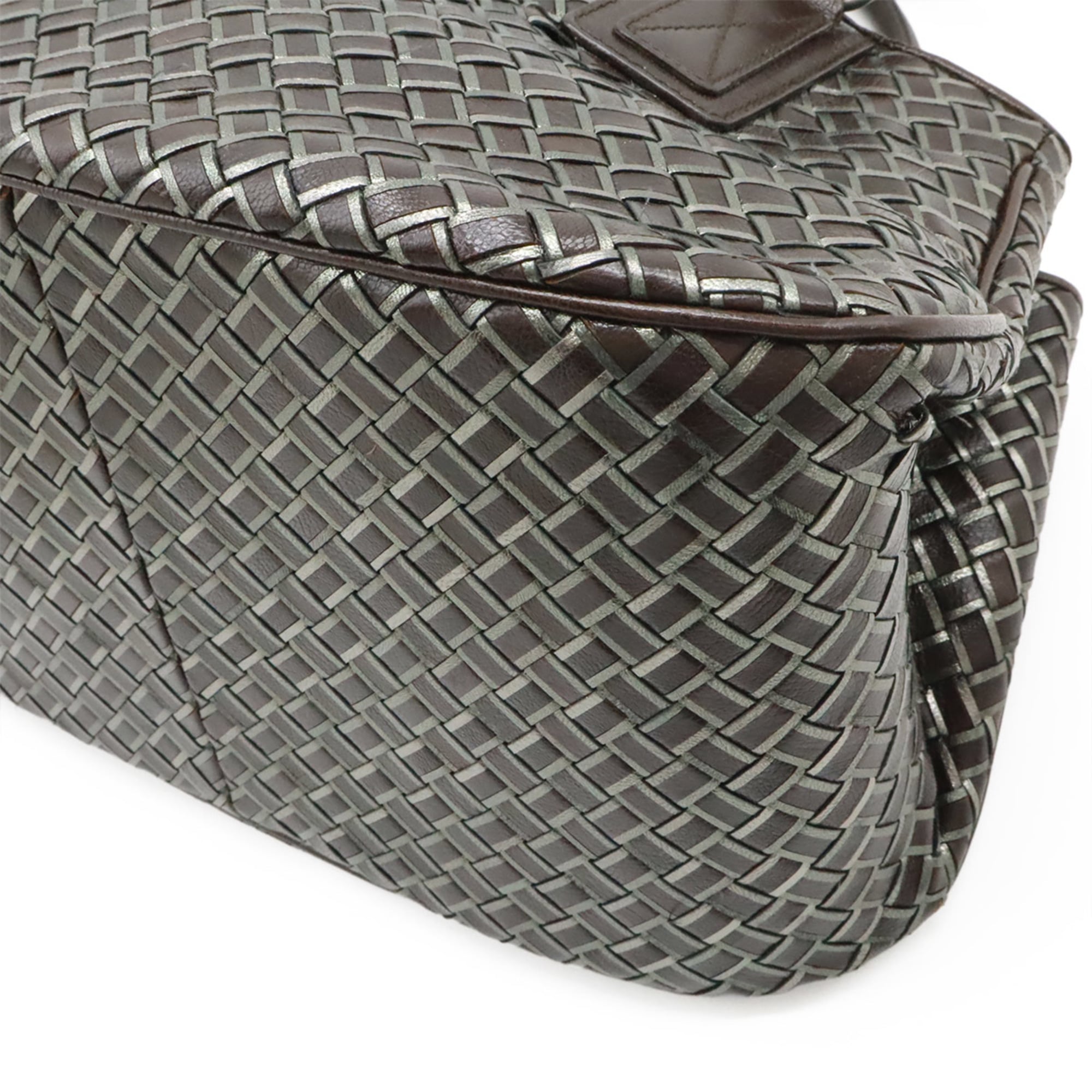 Bottega Veneta Intrecciato Dark Brown Silver Leather Handbag (Pre-Owned)