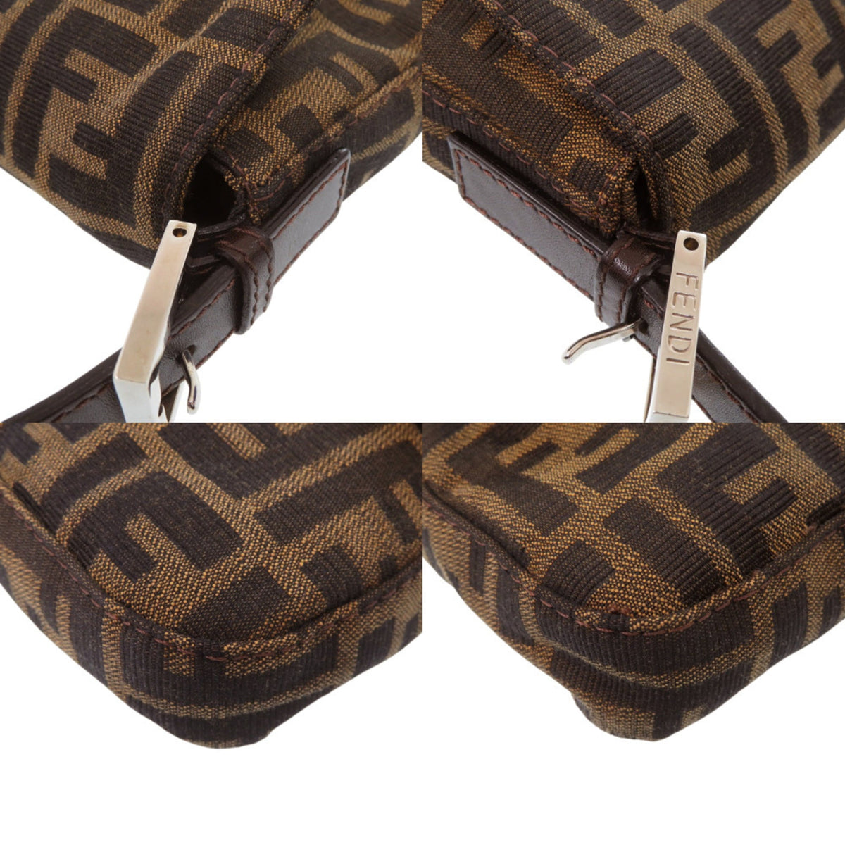 Fendi Brown Leather Nylon Jacquard Handbag (Pre-Owned)