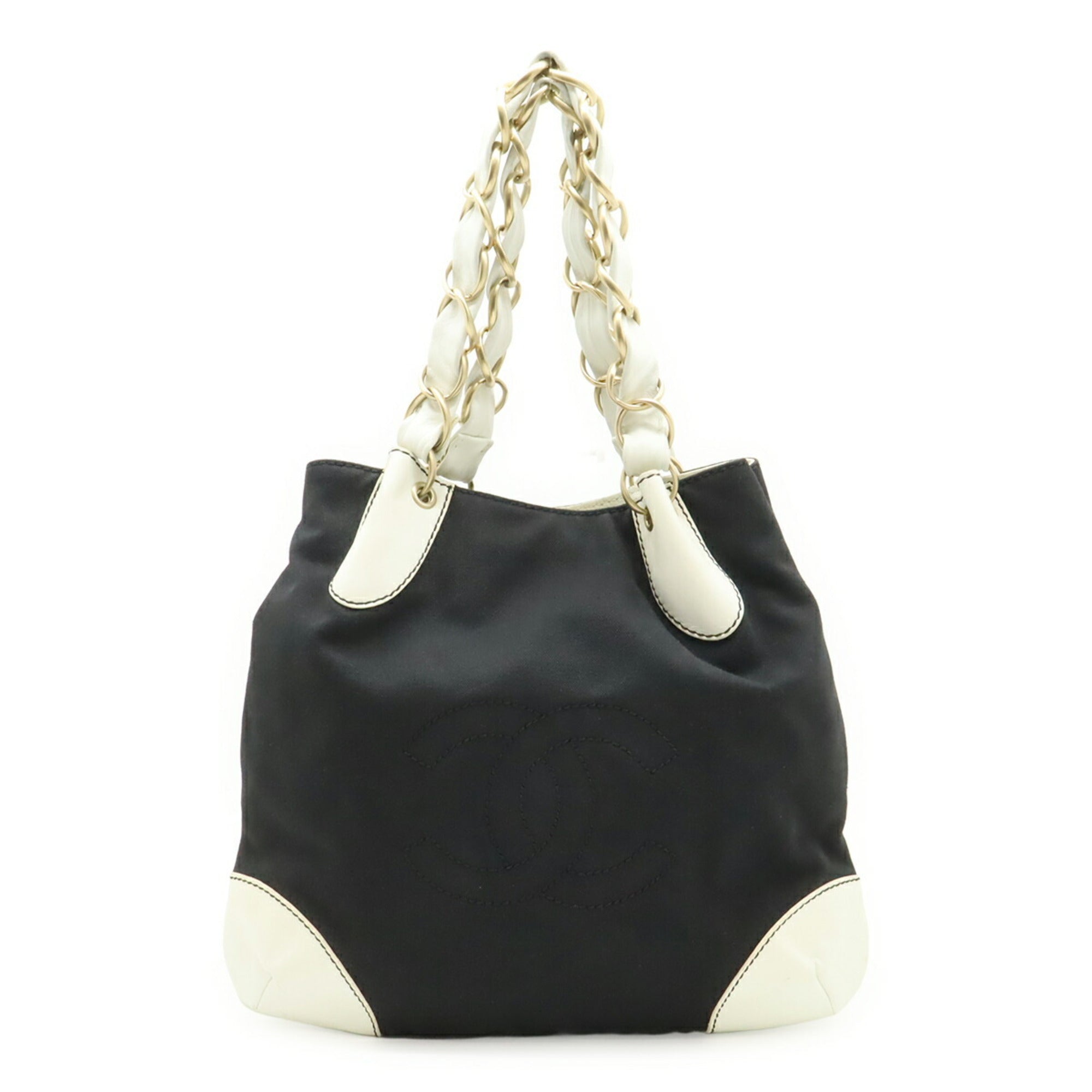 Chanel Black White Canvas Leather Handbag Shoulder Bag Tote Bag (Pre-Owned)