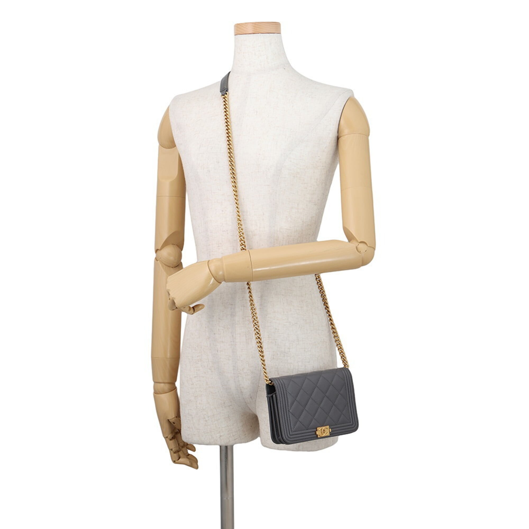 Chanel Gray Grained Calfskin Chain/Shoulder Wallet (Pre-Owned)