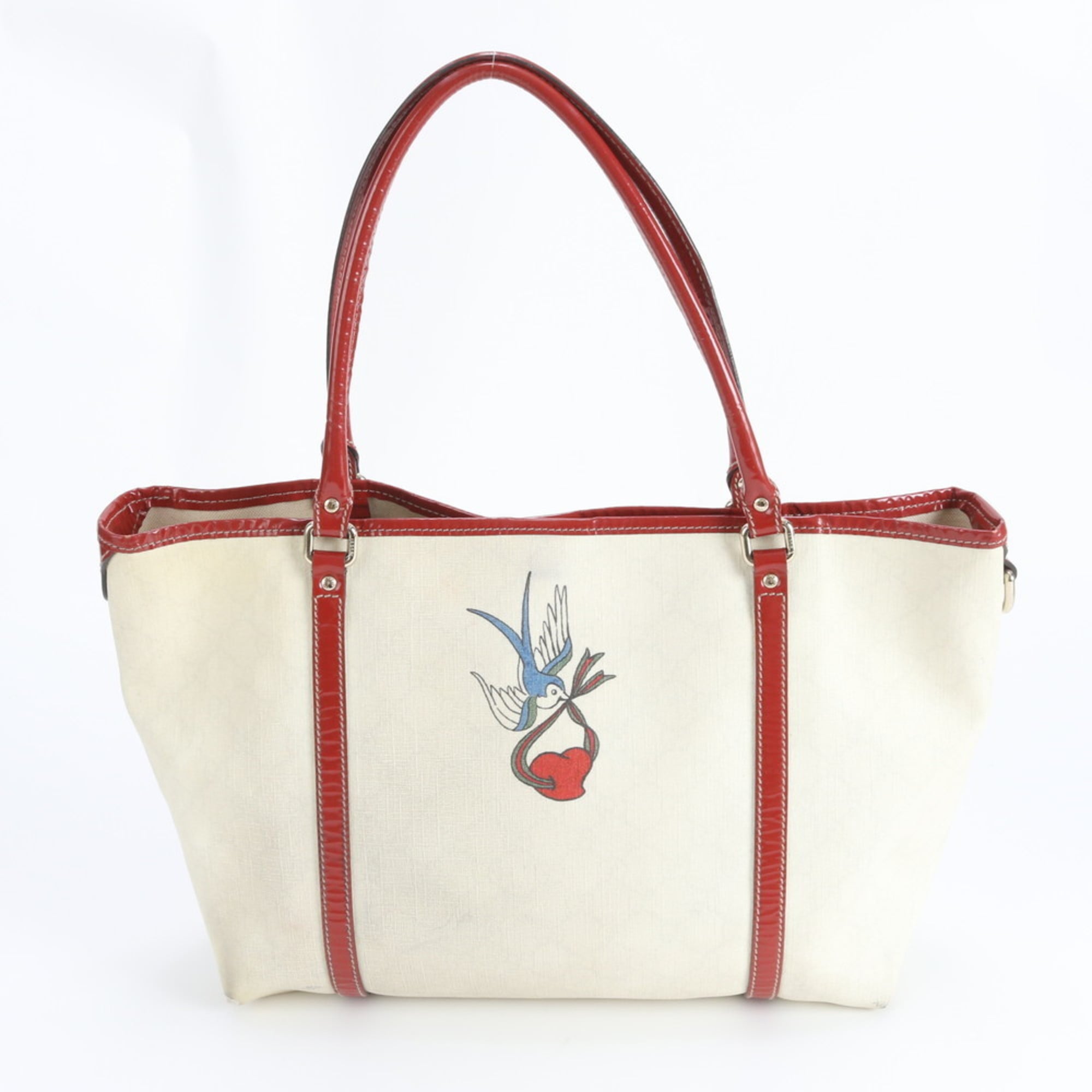 Gucci Off-White Red Color Coated Canvas Leather Handbag Tote Bag (Pre-Owned)