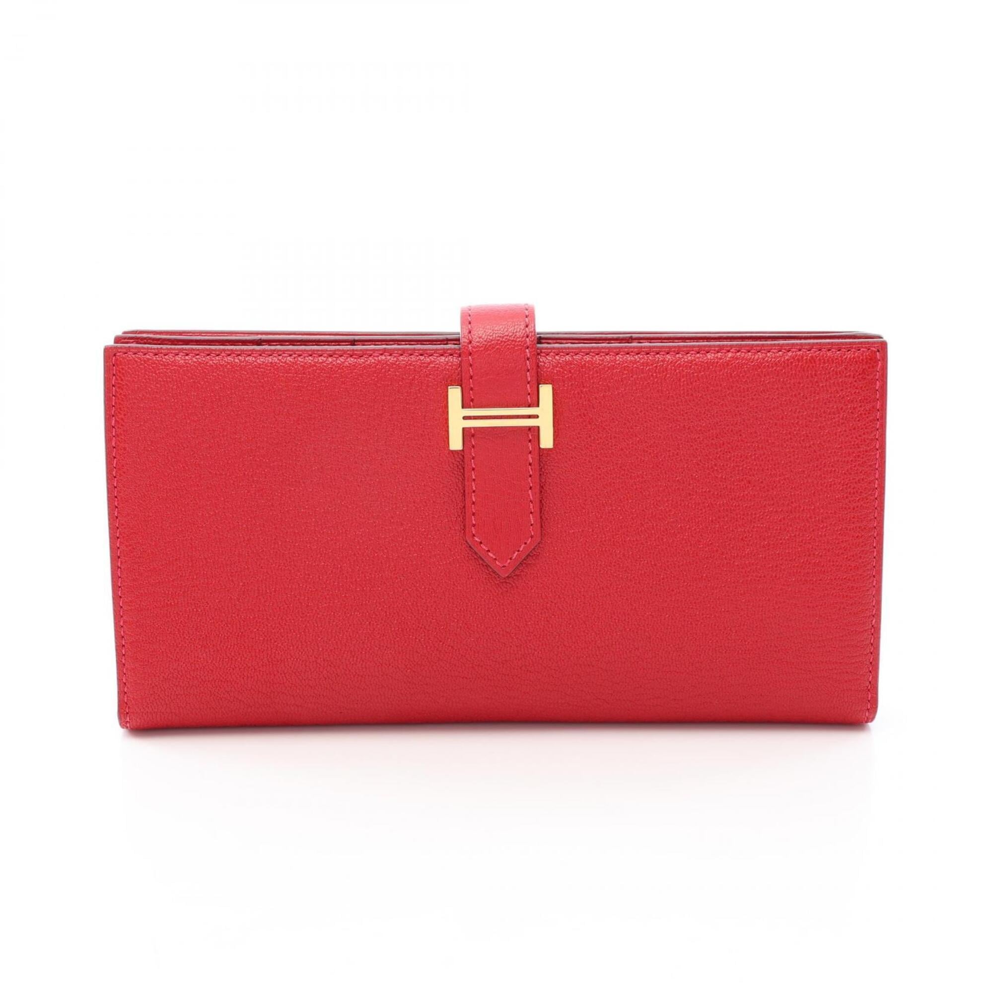 Hermes Red Color Rouge Casaque Chevre Leather Long Wallet (Bi-Fold) (Pre-Owned)