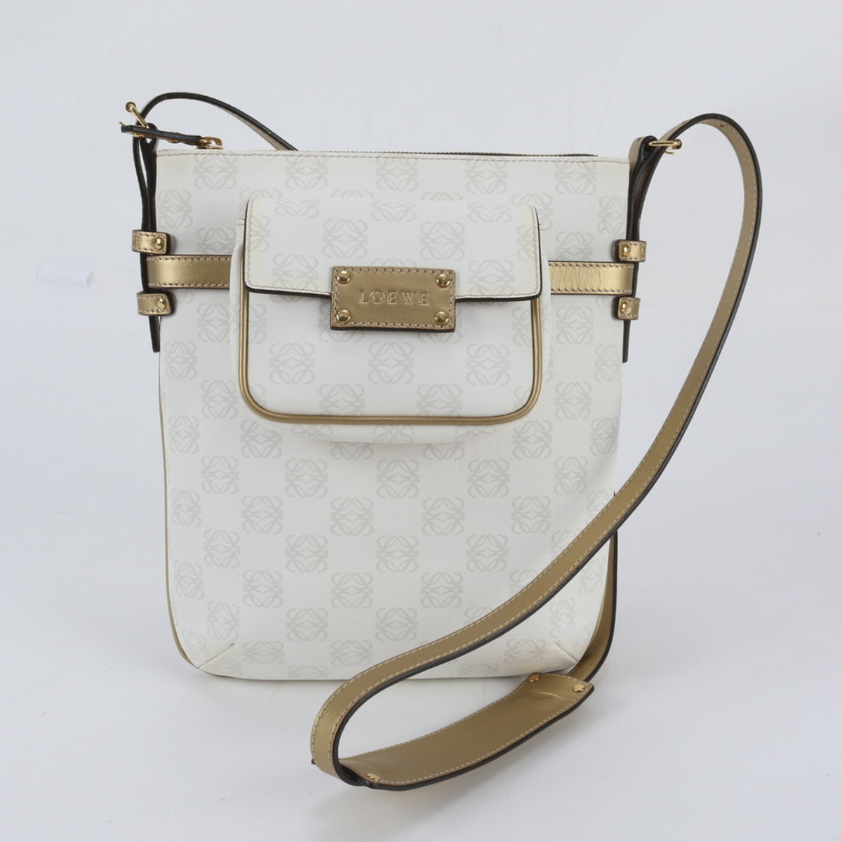 Loewe White Leather Coated Canvas Handbag Shoulder Bag Tote Bag (Pre-Owned)