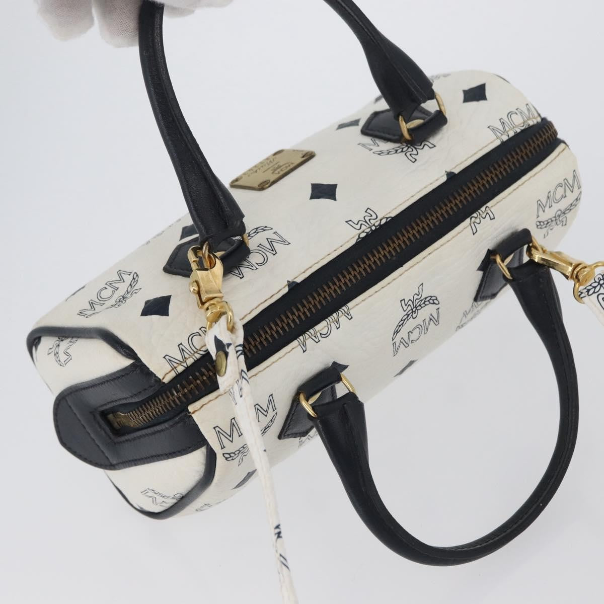MCM Vicetos Logogram Boston White Leather Travel Bag Bag (Pre-Owned)