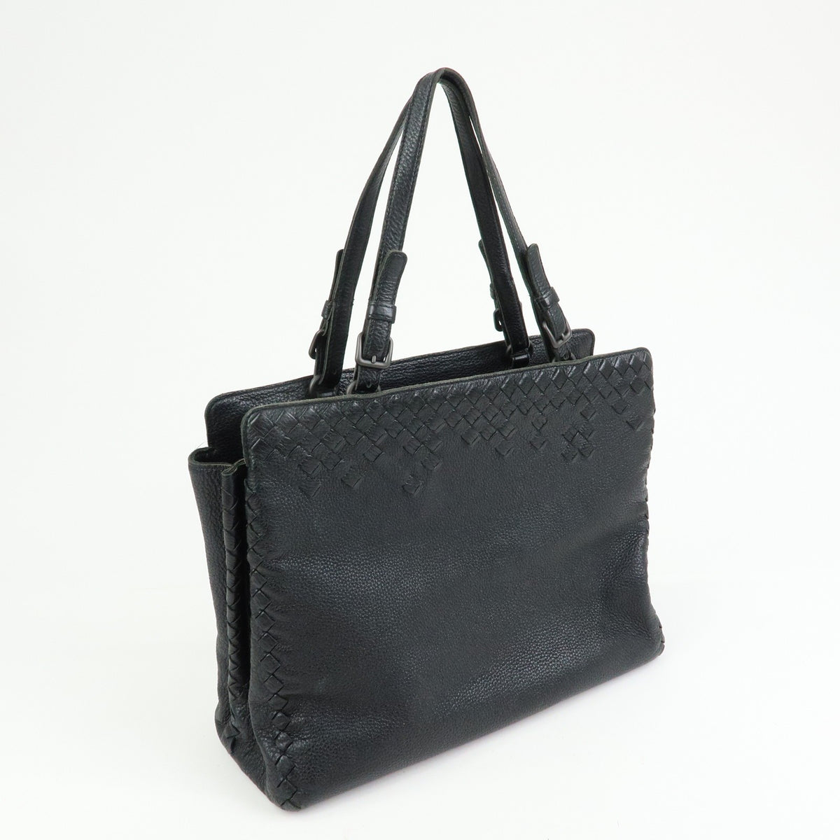 Bottega Veneta A-Shape Leather With Intrecciato Detail Black Leather Tote Bag Bag (Pre-Owned)