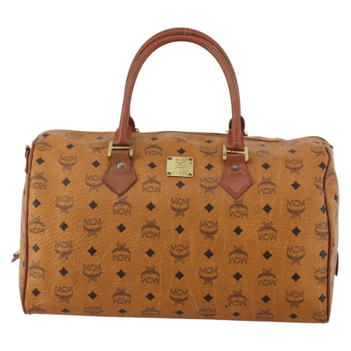 MCM Vicetos Logogram Boston Brown Leather Travel Bag Bag (Pre-Owned)