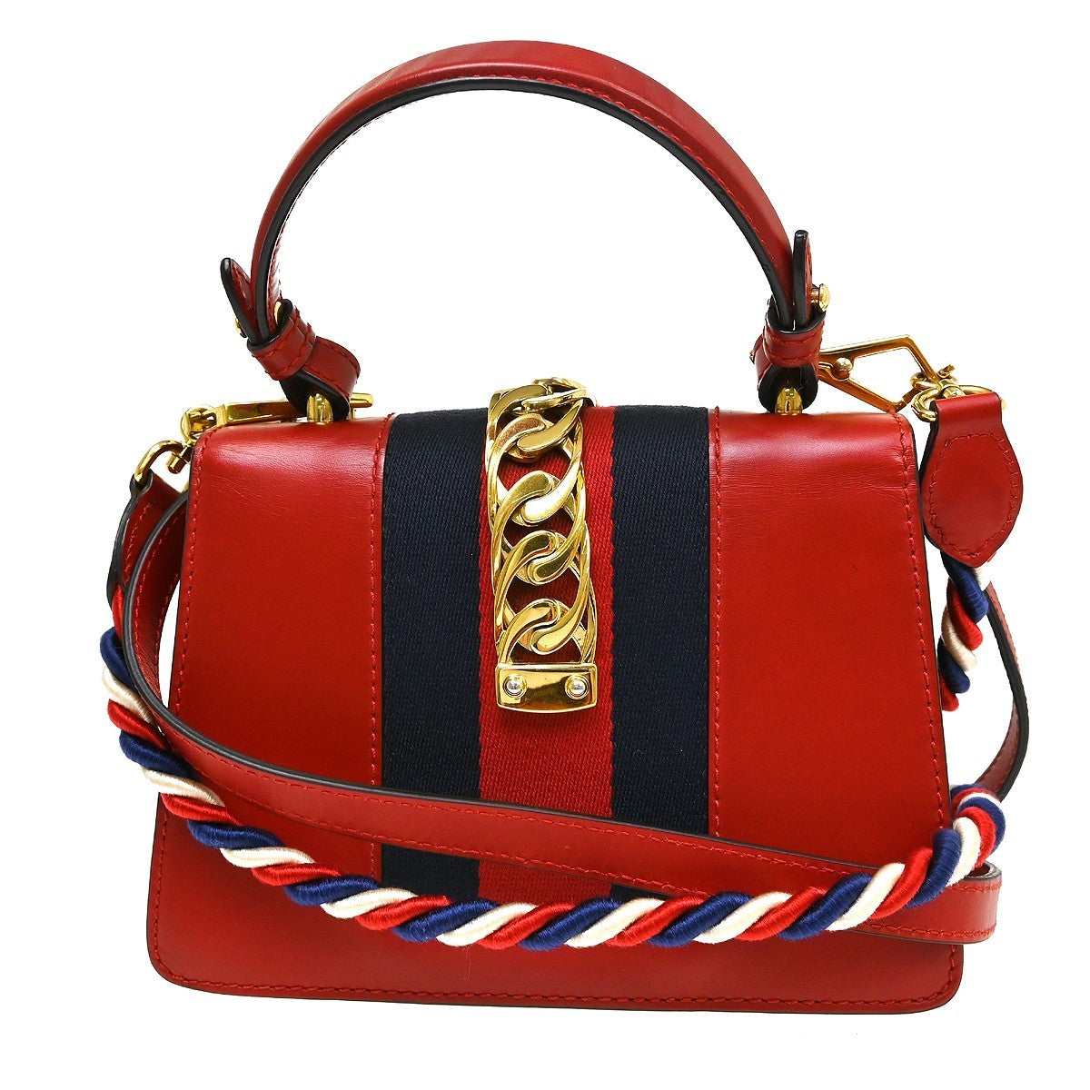 Gucci Sylvie Top Handle Leather Red Leather Handbag (Pre-Owned)