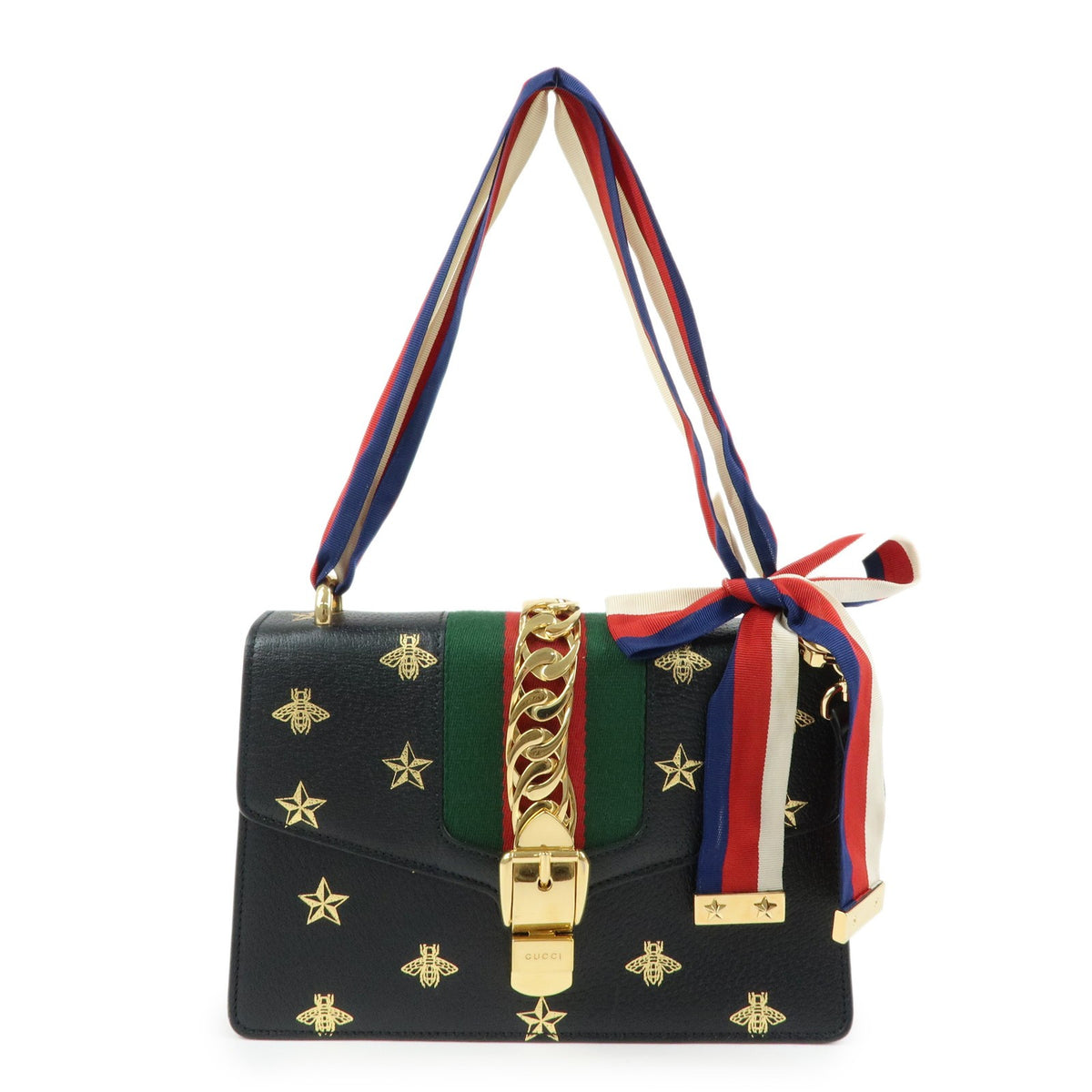 Gucci Sylvie Printed Leather Black Leather Shoulder Bag Bag (Pre-Owned)