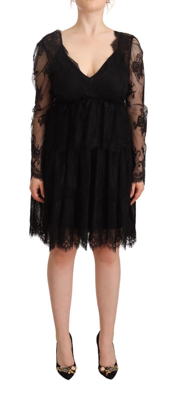 Aniye By Black Floral Lace Cotton Long Sleeves V-neck Shift Women's Dress