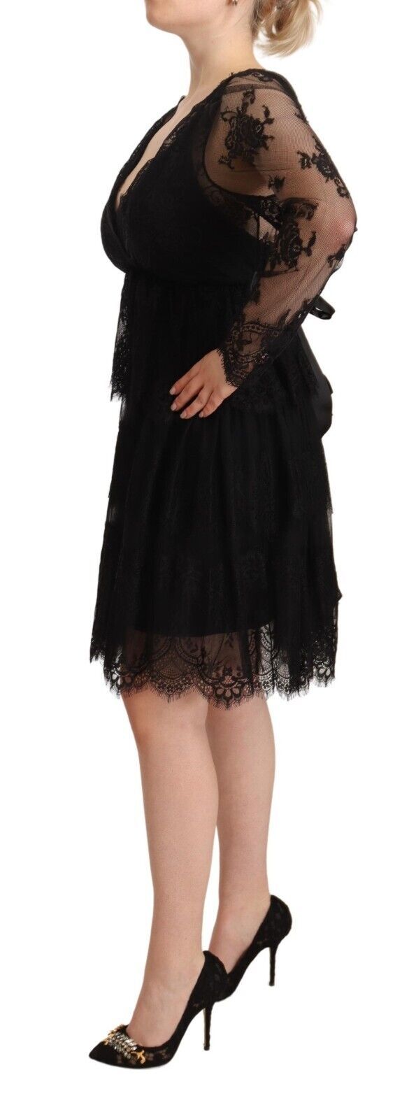 Aniye By Black Floral Lace Cotton Long Sleeves V-neck Shift Women's Dress