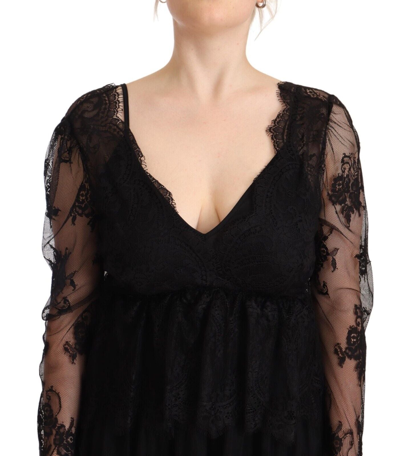 Aniye By Black Floral Lace Cotton Long Sleeves V-neck Shift Women's Dress