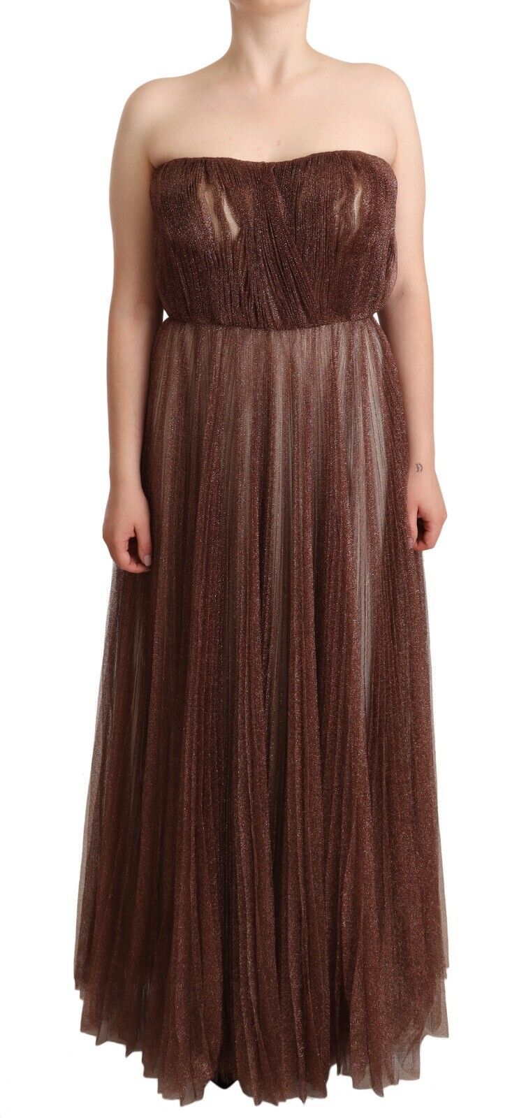 Dolce & Gabbana Metallic Bronze Polyester Maxi Gown Women's Dress