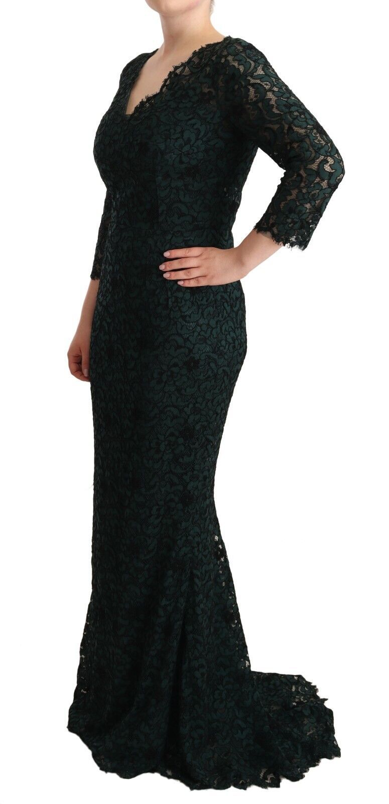 Dolce & Gabbana Green Floral Lace Maxi Floor Length Women's Dress