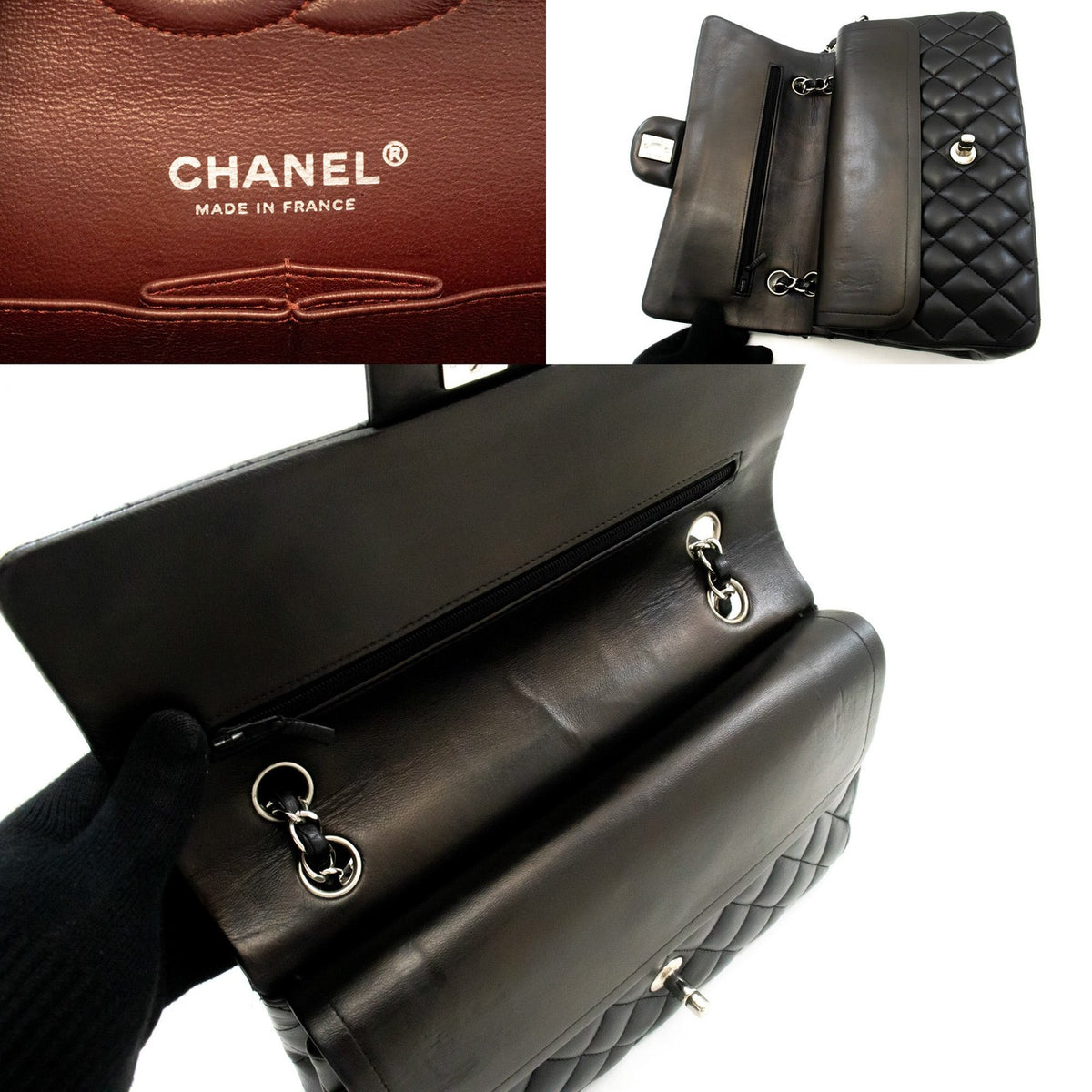 Chanel Classic Double Flap Quilted Lambskin Black Leather Handbag (Pre-Owned)