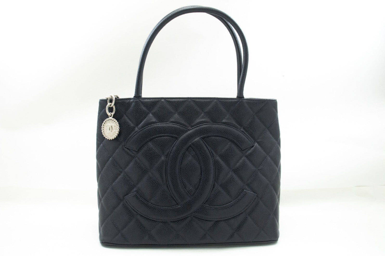 Chanel Medallion Tote Quilted Caviar Black Leather Tote Bag Bag (Pre-Owned)