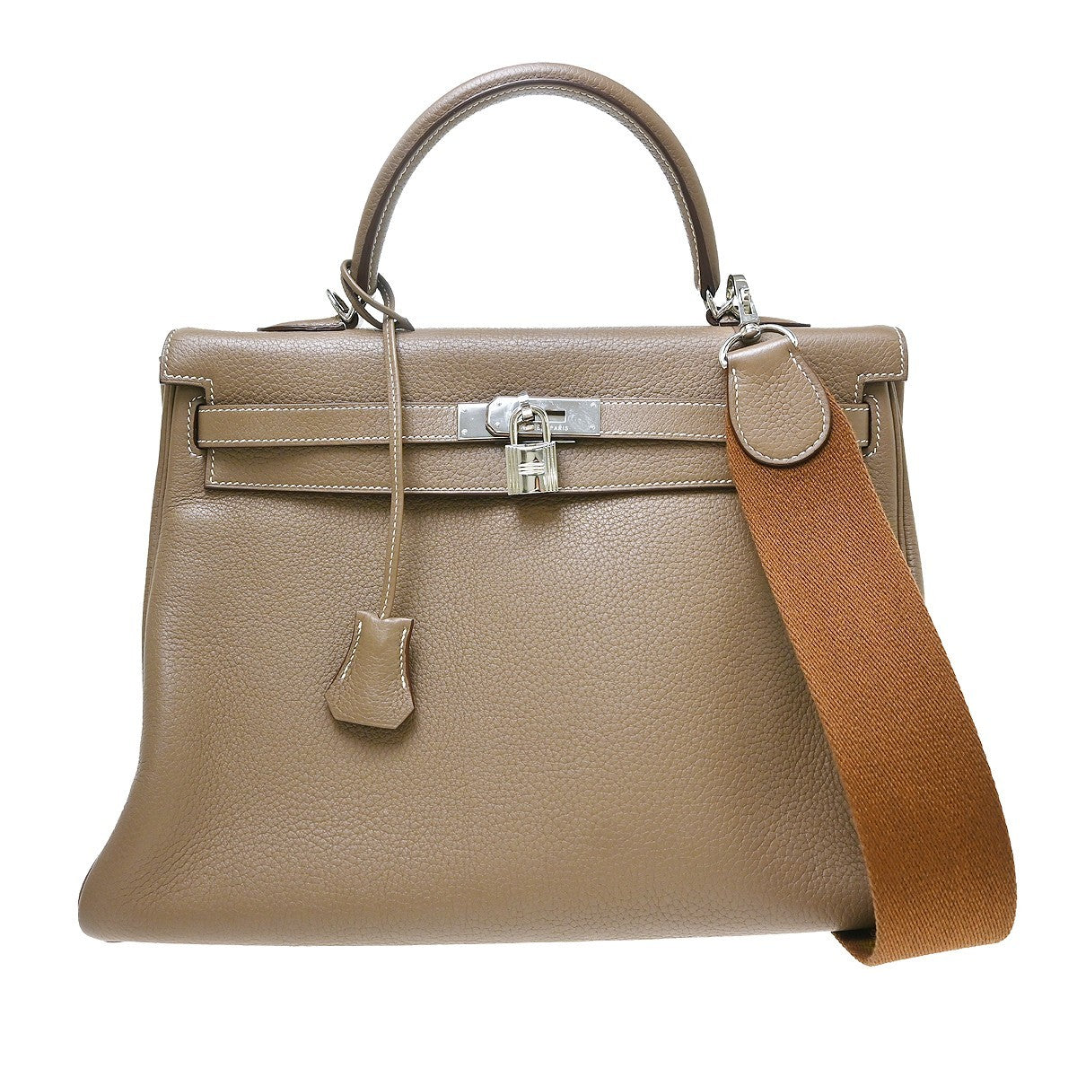 Hermes Kelly Etoupe Clemence With Palladium Hardware Beige Calfskin Handbag (Pre-Owned)