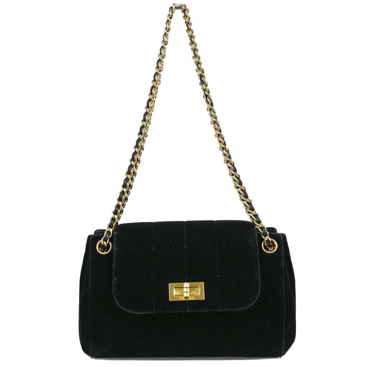 Chanel Chocolate Bar Mademoiselle Lock Chain Quilted Velvet Black Velvet Shoulder Bag Bag (Pre-Owned)