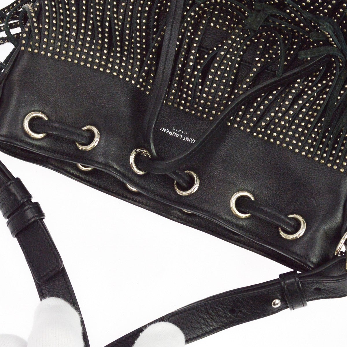 Saint Laurent Fringe Emmanuelle Bucket Studded Leather Black Leather Handbag (Pre-Owned)