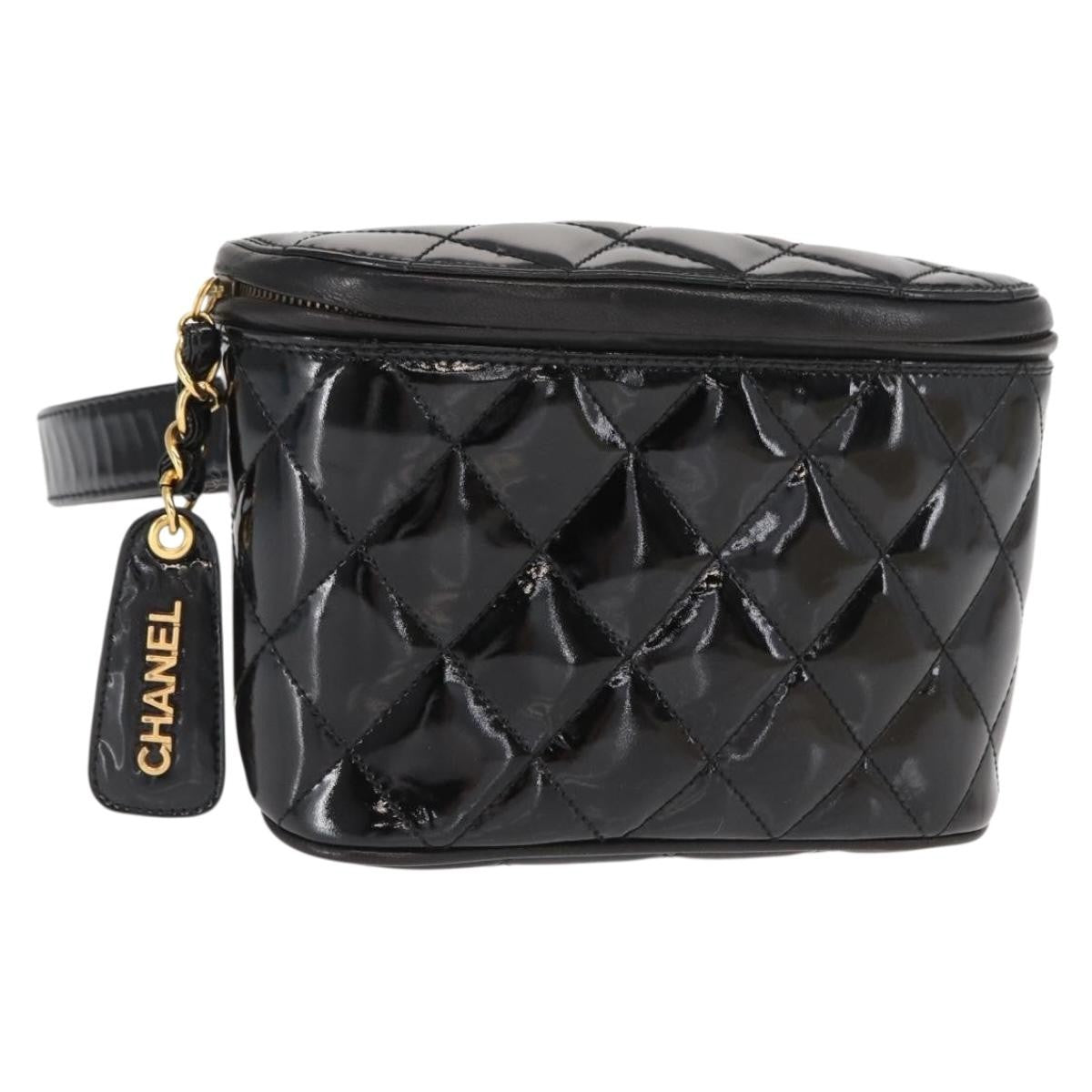 Chanel Vintage Zip Belt Quilted Lambskin Black Patent_Leather Clutche & Pouche Bag (Pre-Owned)