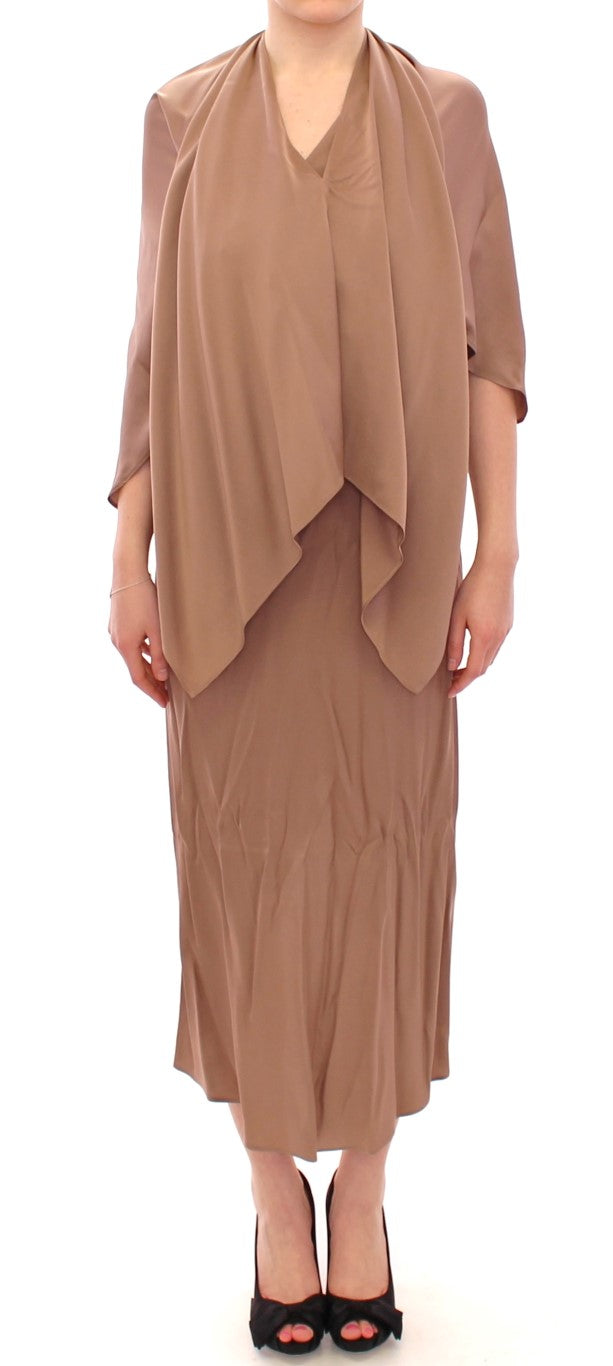 Lamberto Petri Brown Draped Silk Sheath Shift Coctail Women's Dress