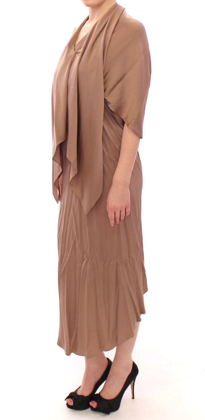 Lamberto Petri Brown Draped Silk Sheath Shift Coctail Women's Dress