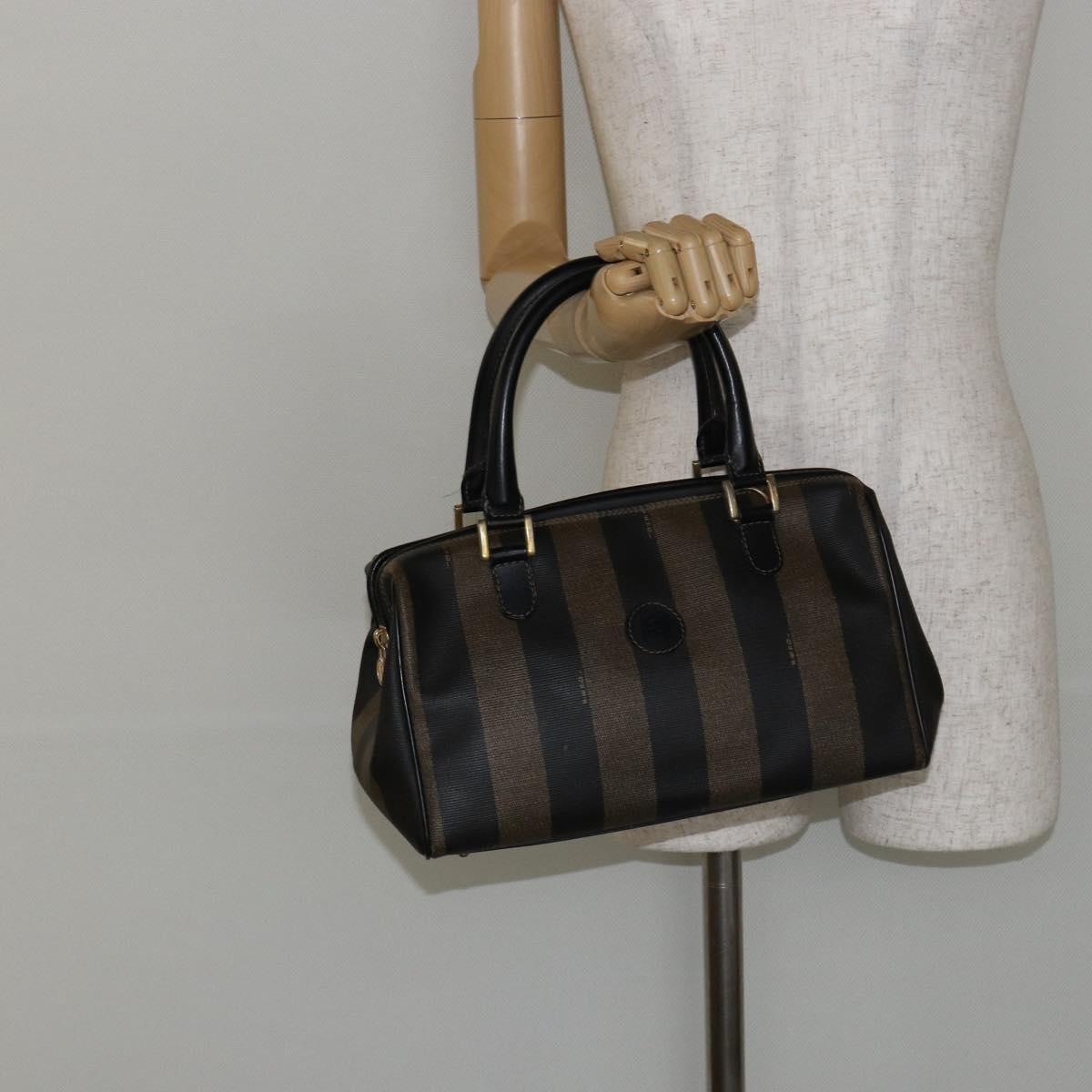 Fendi Vintage Pequin Boston Coated Canvas Black Canvas Bag (Pre-Owned)