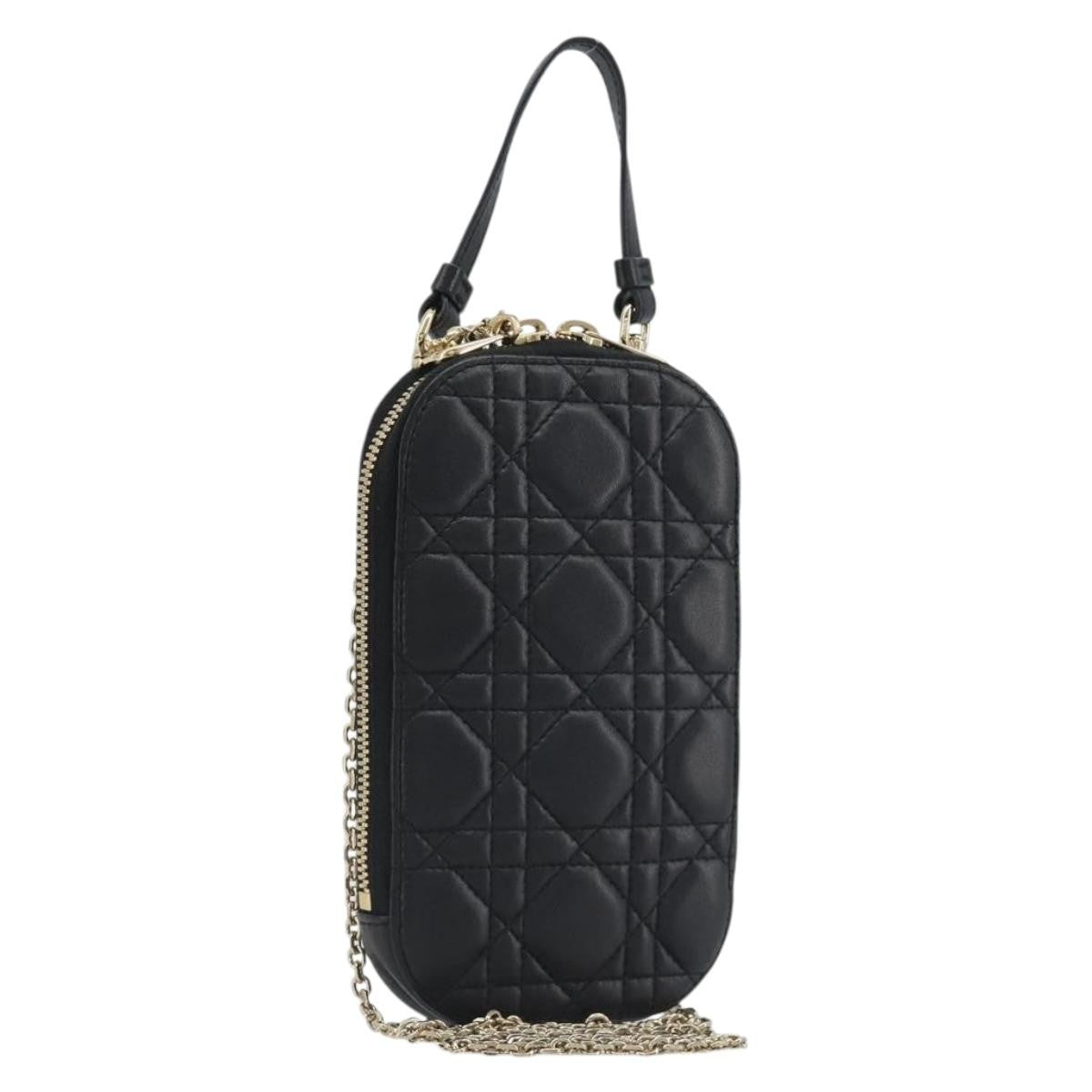 Christian Dior Lady Dior Phone Holder On Chain Cannage Quilt Lambskin Black Leather Shoulder Bag Bag (Pre-Owned)