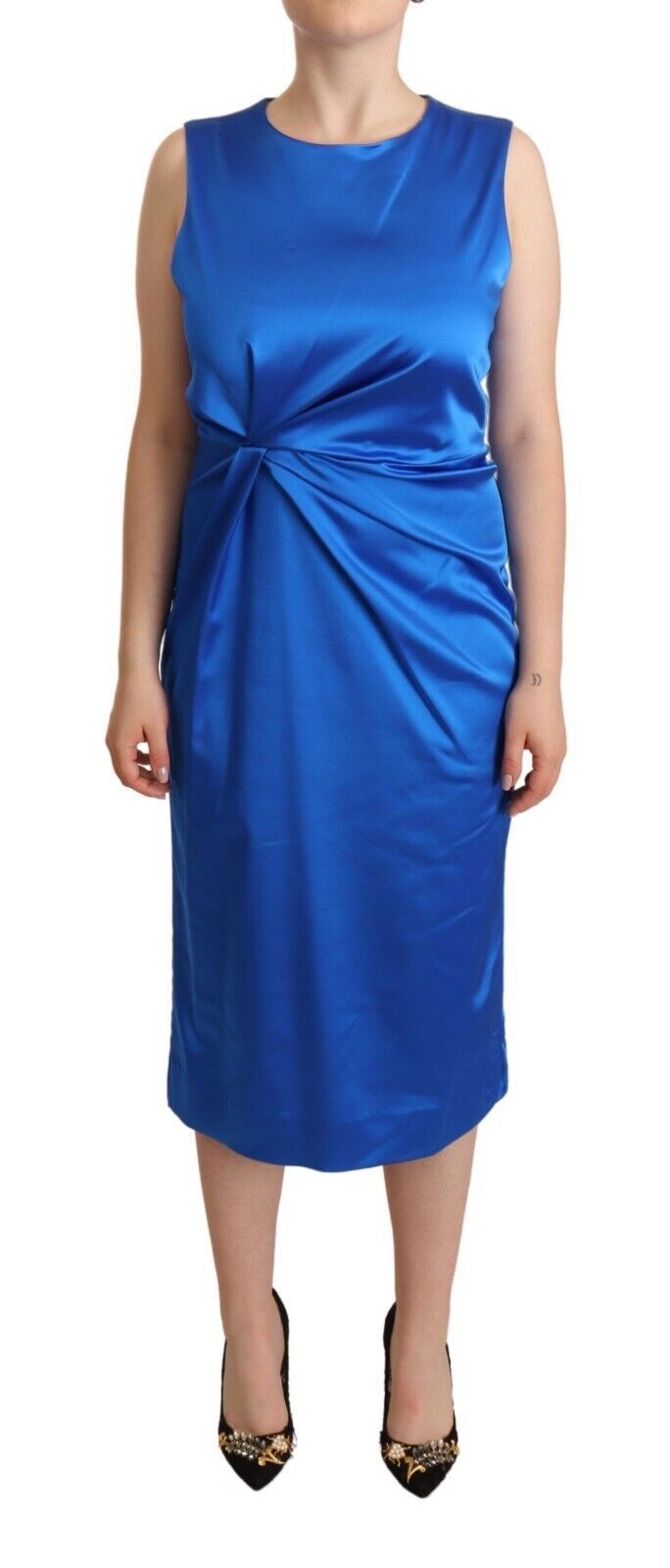 P.A.R.O.S.H. Blue Acetate Sleeveless Pleated Midi Sheath Women's Dress